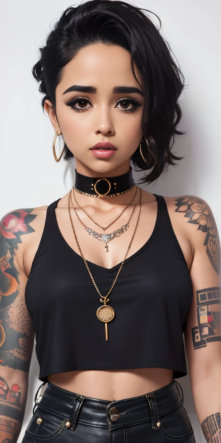 araffe tattooed woman, Becky G, with a black top and a chain around her neck, she is wearing a black tank top, looks like fabiula nascimento, malika favre, wearing intricate black choker, she is wearing streetwear, piercings collar, tattooed, style of flavie audi, neck tattoos, wearing black choker, wearing gold detailed choker