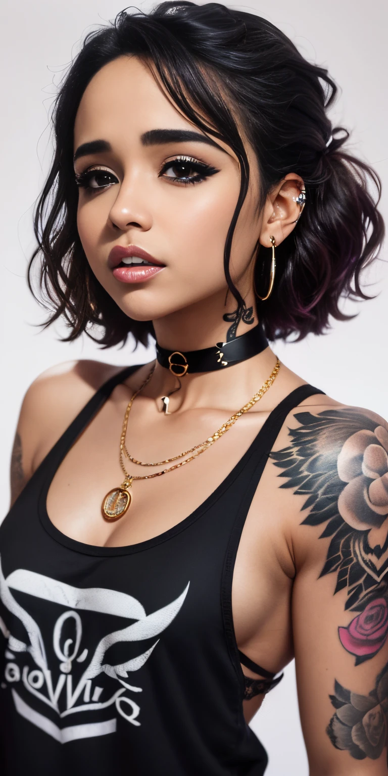 araffe tattooed woman, Becky G, with a black top and a chain around her neck, she is wearing a black tank top, looks like fabiula nascimento, malika favre, wearing intricate black choker, she is wearing streetwear, piercings collar, tattooed, style of flavie audi, neck tattoos, wearing black choker, wearing gold detailed choker