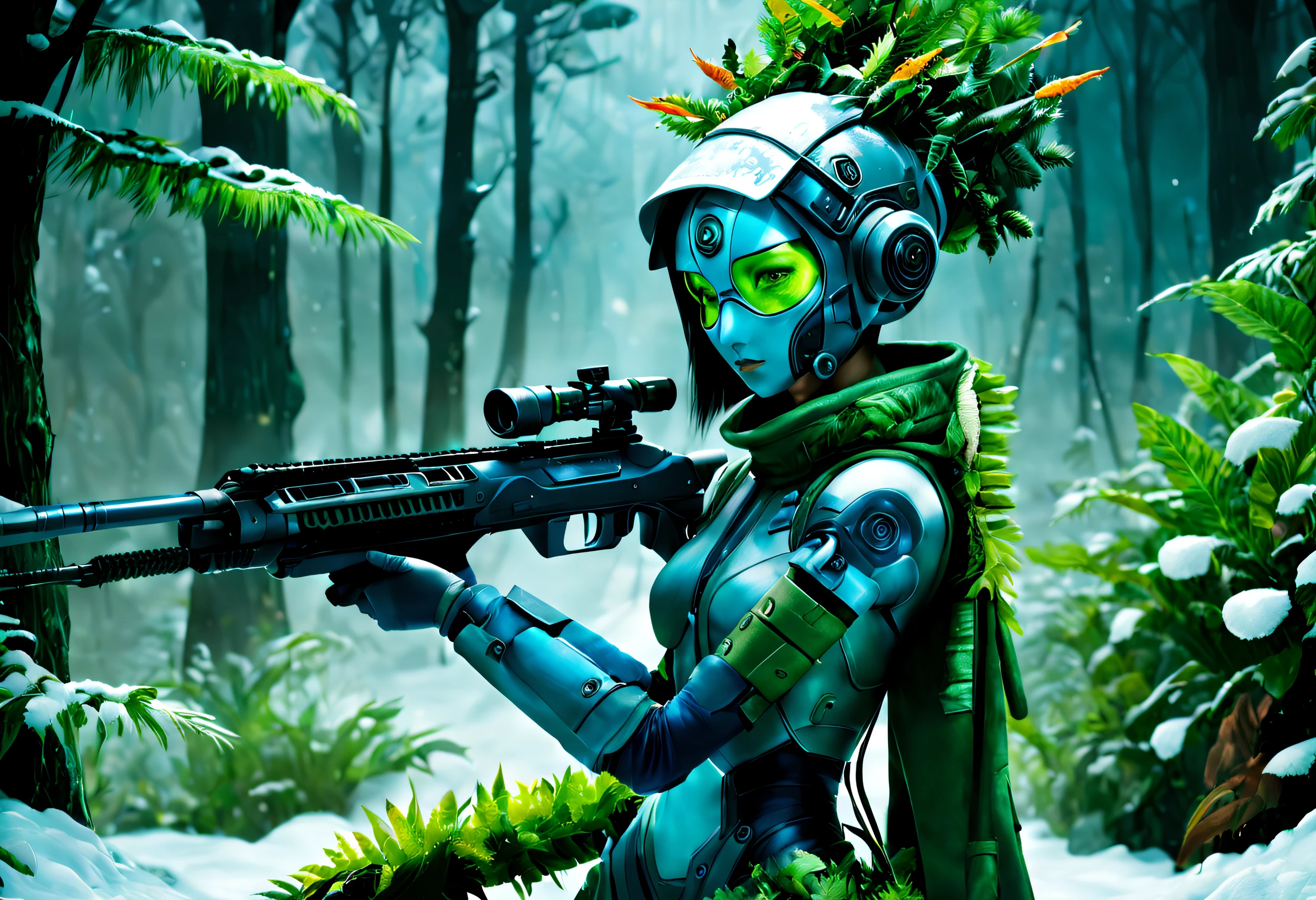 (pixar-style: 1.5)，（fully body photo），cyber punk personage，middle，(a girl made of fresh，Lie in one&#39;side in the snow，Holding a high-tech sniper rifle to aim at the target，Sniper rifle made of vibranium，Luxurious texture，covered in plants，Plant-colored hood，masks，green plant camouflage uniform，Blue glowing goggles），Oyuki，at a forest，snow field，（globalillumination、ray traycing、HighDynamicRange、Unrealistic rendering、Rational design、tmasterpiece、Best quality、hyper HD、电影灯光）