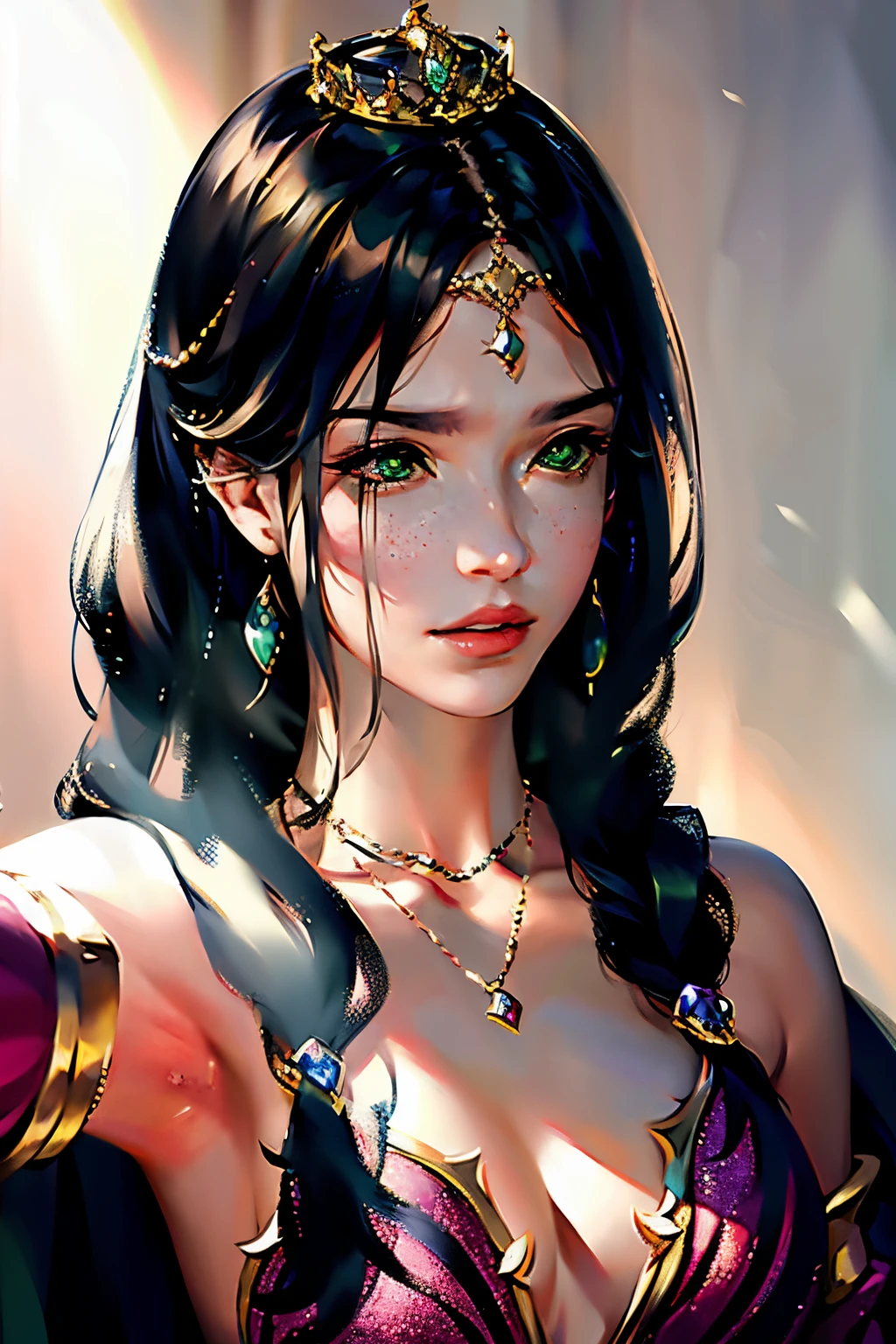 tmasterpiece, beste-Qualit, a 1girl, Half-body, Sad Princess, fantasy, ((painting wlop)) by artstation, Shiny jewelry, glares, iridescent, Global Illumination, Real hair movement, Realistic light, realistic shadow, sideways glance, (( foreshortening)) soft light, dreamy light, perfect eyes, background 4k, romance, higly detailed, Crown, gold and precious stones
