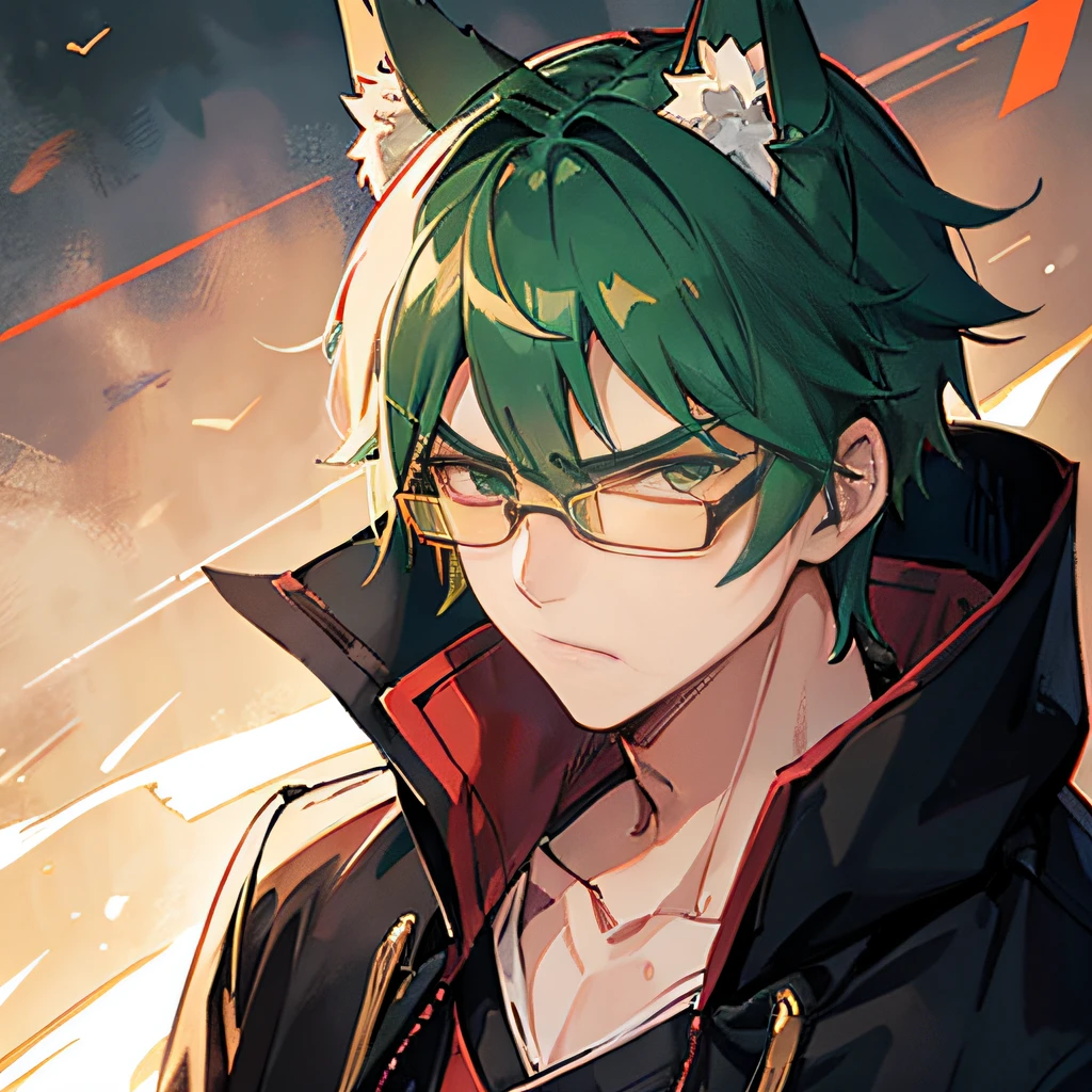 1boy, ember、 bangss, Green hair、eye glass、wolf ears on the head、shorth hair、prinz、tusk、Sharp eye light、Be cool、manly、elongated face、glares、Adults、Glaring look、animesque