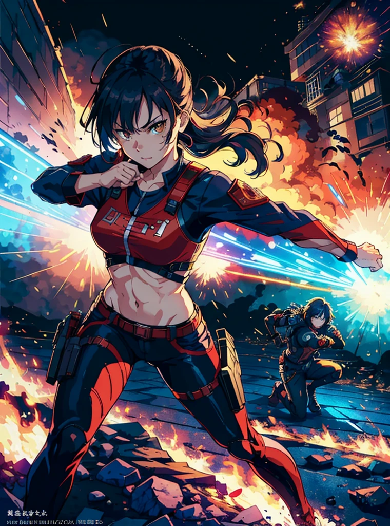 (Best Quality, masutepiece), action movie movie poster, Two Women, 21 years old, Determined, Action-packed, explosions, liang, blaster, Cinematic, Fade, evil devil on overhead background