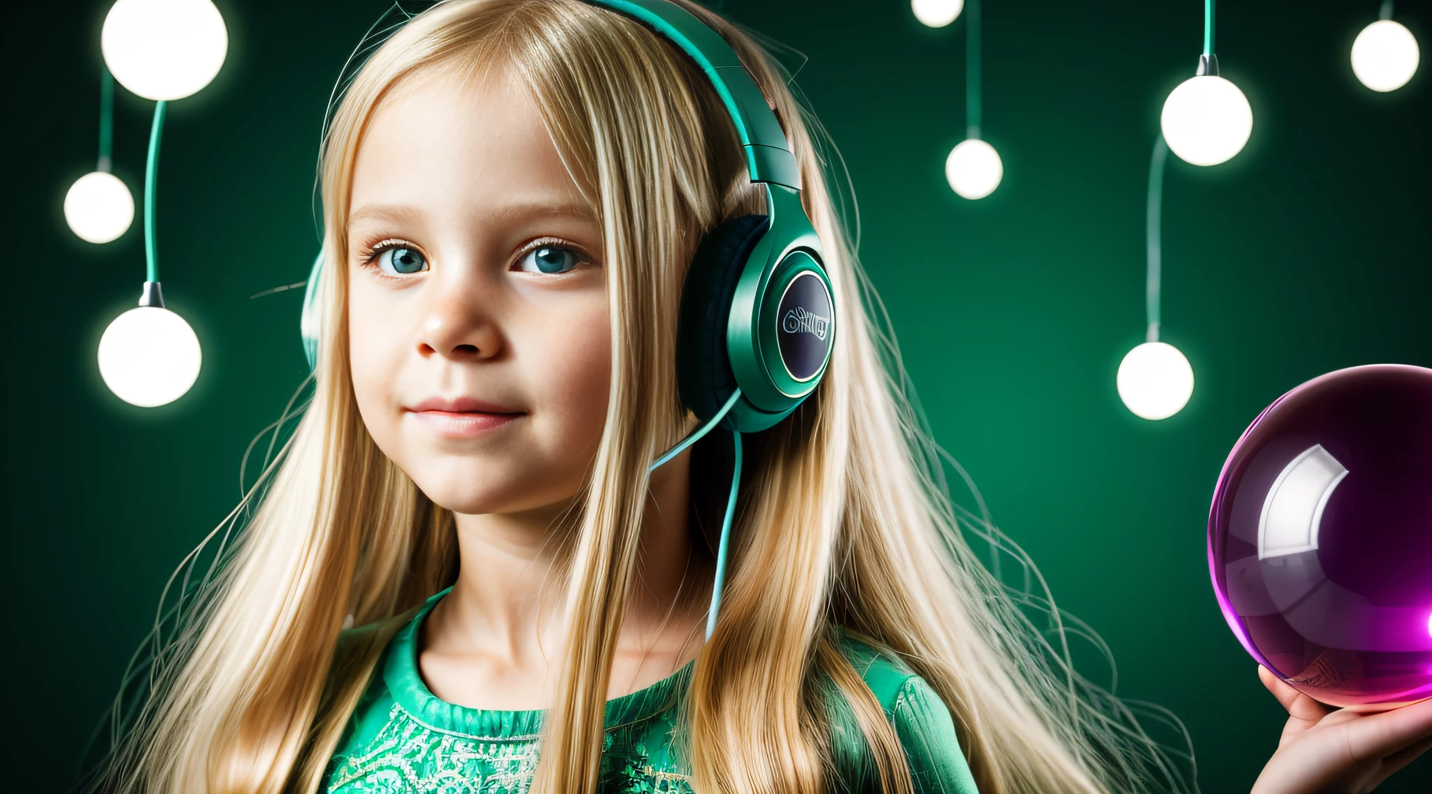 CHILD GIRL BLONDE LONG HAIR, auricular, Segurando bola de cristal, fundo verde.