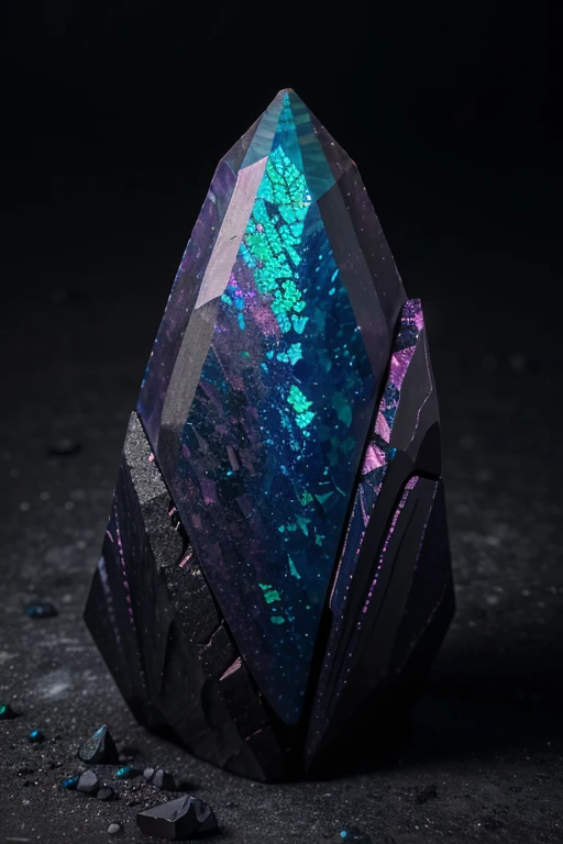 unusual mineral, gradient, dark blue, slightly pink in places, slightly purple, black, glossy, geoid, rough corners, texture, beautiful on black, slightly glowing, dust and light, hyperrealism, hd, realism, real, Black Opal Lighting Ridge, fluorite, Burma tourmaline, Rhodochrosite