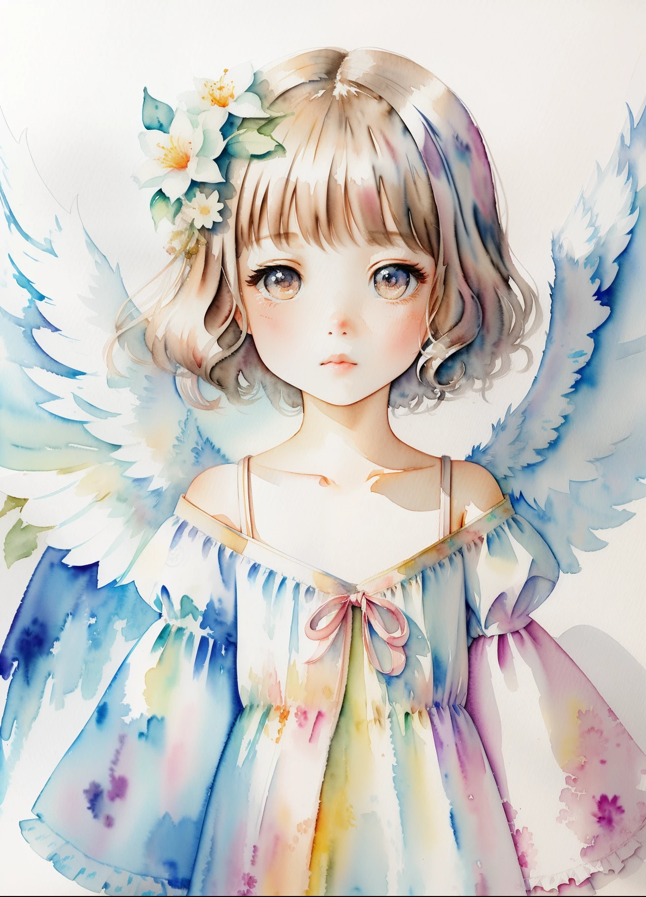 illustratio、watercolor paiting、 Fantasia、 Angel Girl、cute little、Deformed、portraitures、