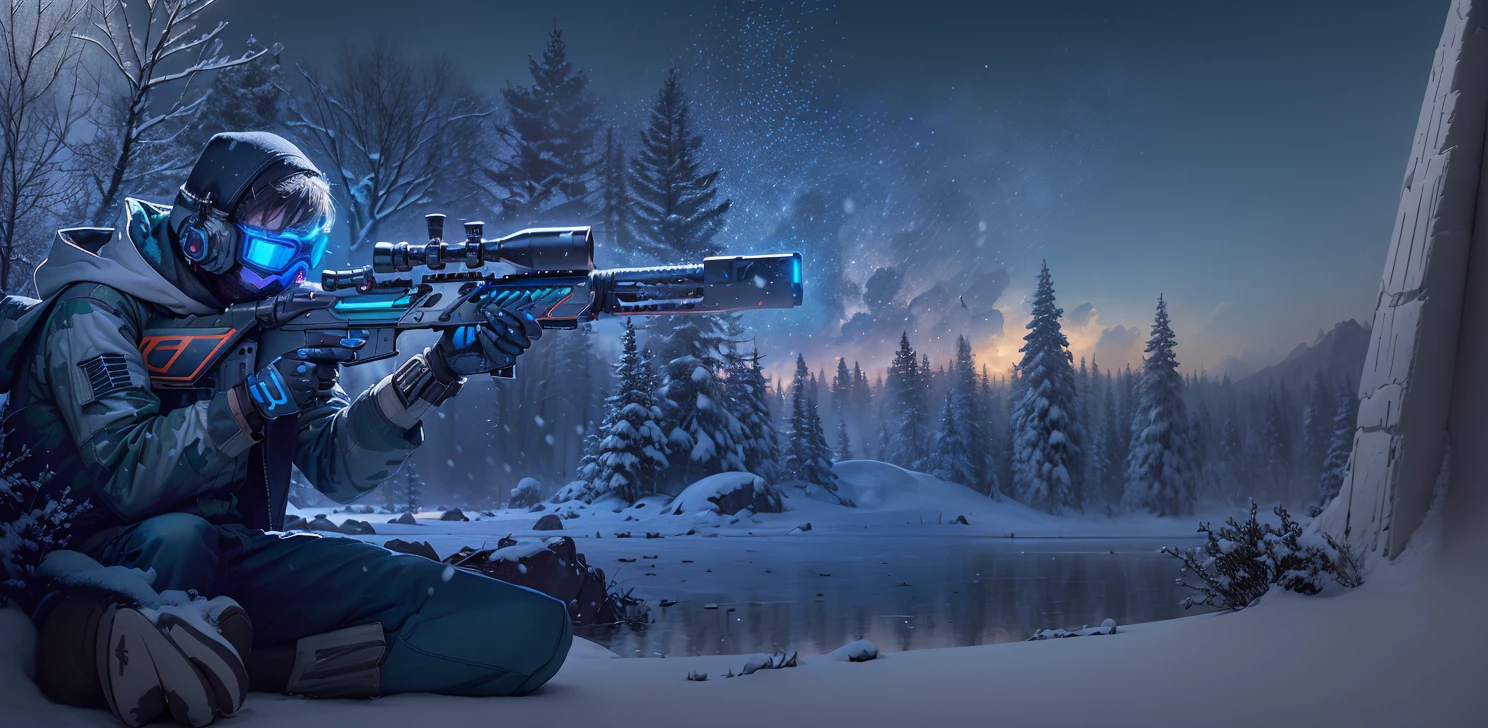 (pixar-style: 1.5),(fully body photo),cyber punk personage,middle,(A futuristic sci-fi soldier wearing a white camouflage uniform lies on his side in the snow,Holding a high-tech sniper rifle to aim at the target,Sniper rifle made of vibranium,Luxurious texture,blanketed in a mantle of snow,White hood,masks,White camouflage uniform,Blue glowing goggles,masks),Oyuki,at a forest,snow field,(globalillumination、ray traycing、HighDynamicRange、Unrealistic rendering、Rational design、tmasterpiece、Best quality、hyper HD、电影灯光)