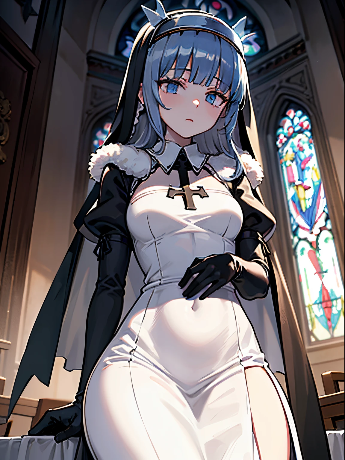 nun, lolita hairband, detached collar, white wings, black dress, angel wings, modest, long dress, nun, nun oufit, fur trim, black gloves, elbow gloves, light blue hair, cold eyes, grey eyes, black nun dress, modest, indoors of a church, ice frost