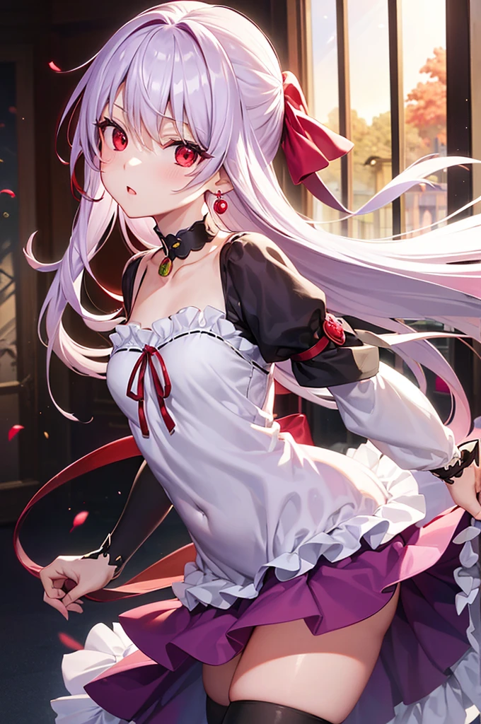 Fugokama, Kama, Hair Ribbon, (Red Eyes:1.5), Red Ribbon, bow ribbon, Long hair, White hair,
Break Armlet, Bare shoulders, Bikini Armor, 手链, Collar, Detached sleeves, Dress, earrings, with floral pattern, Jewelry, Metal collar, Miniskirt, pelvis curtain, Purple Dress, Purple skirt, Purple Sleeve, purple thighhighs, Ring, Skirt, thighs thighs thighs thighs, thighs thighs thighs thighs,
BREAK looking at viewer,
Break indoors, bed
break (masutepiece:1.2), Best Quality, High resolution, Unity 8k壁纸, (Illustration:0.8), (Beautiful detailed eyes:1.6), extra detailed face, Perfect Lighting, extremely details CG, (Perfect hands, Perfect ???????),