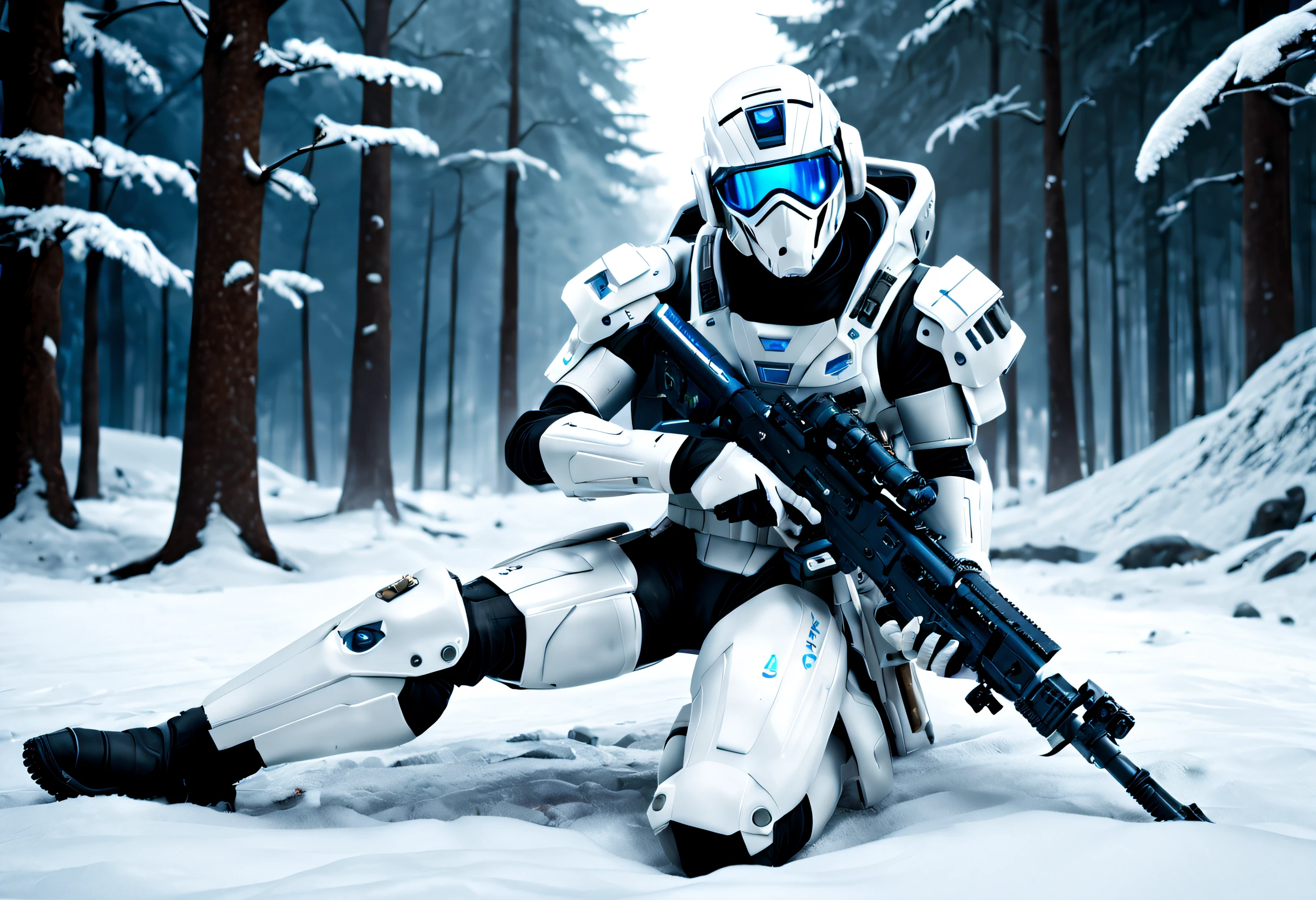 (pixar-style: 1.5)，（fully body photo），cyber punk personage，middle，(A futuristic sci-fi soldier wearing a white camouflage uniform lies on his side in the snow，Holding a high-tech sniper rifle to aim at the target，Sniper rifle made of vibranium，Luxurious texture，blanketed in a mantle of snow，White hood，masks，White camouflage uniform，Blue glowing goggles，masks），Oyuki，at a forest，snow field，（globalillumination、ray traycing、HighDynamicRange、Unrealistic rendering、Rational design、tmasterpiece、Best quality、hyper HD、电影灯光）