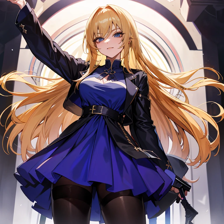 Anime girl with long blonde hair and black dress, Leder Accessoires, dunkles make up, dangerous, Assasin, kalter blick