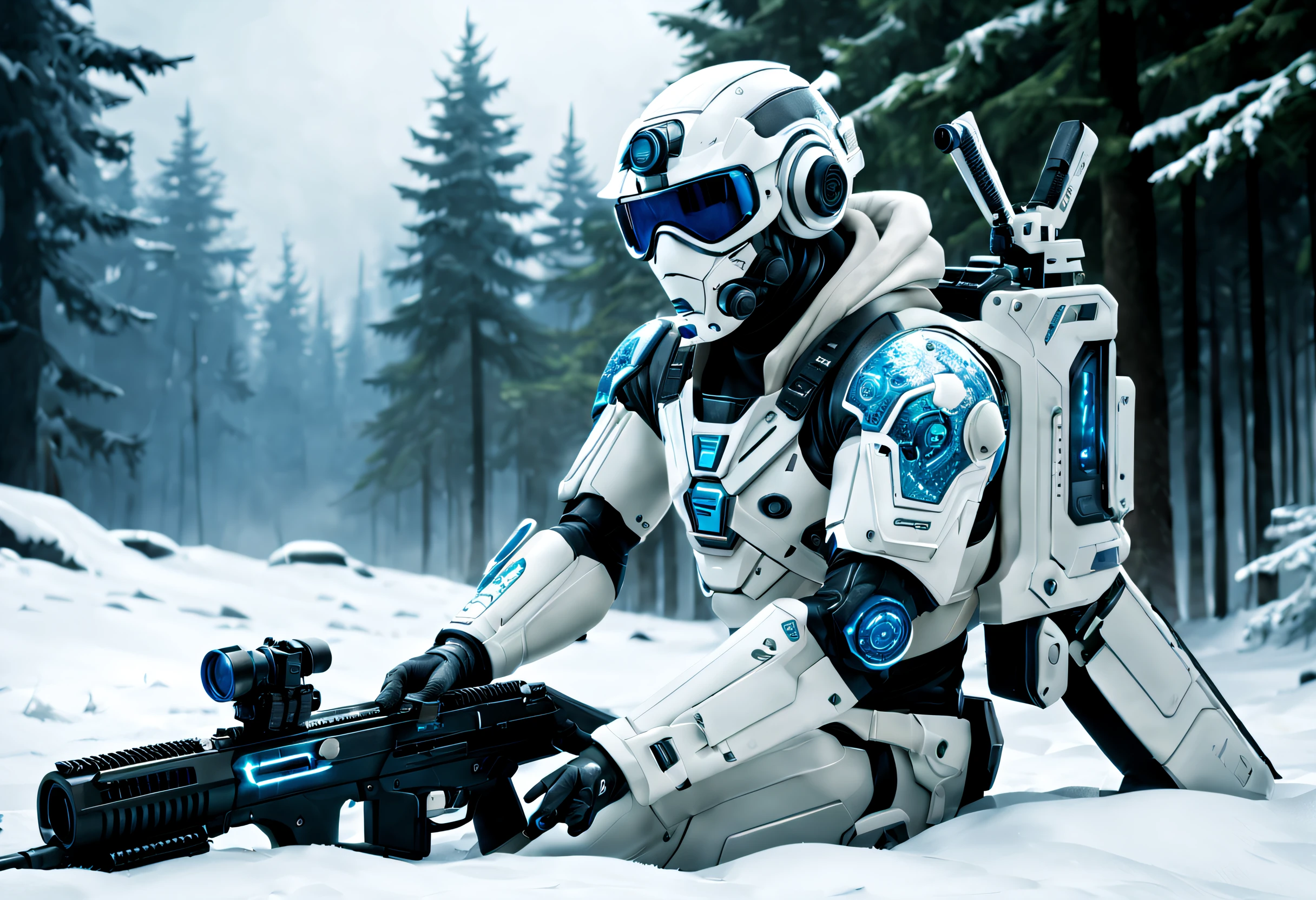 (pixar-style: 1.5)，（fully body photo），cyber punk personage，middle，(A futuristic sci-fi soldier wearing a white camouflage uniform lies on his side in the snow，Holding a high-tech sniper rifle to aim at the target，Sniper rifle made of vibranium，Luxurious texture，blanketed in a mantle of snow，White hood，masks，White camouflage uniform，Blue glowing goggles，masks），Oyuki，at a forest，snow field，（globalillumination、ray traycing、HighDynamicRange、Unrealistic rendering、Rational design、tmasterpiece、Best quality、hyper HD、电影灯光）