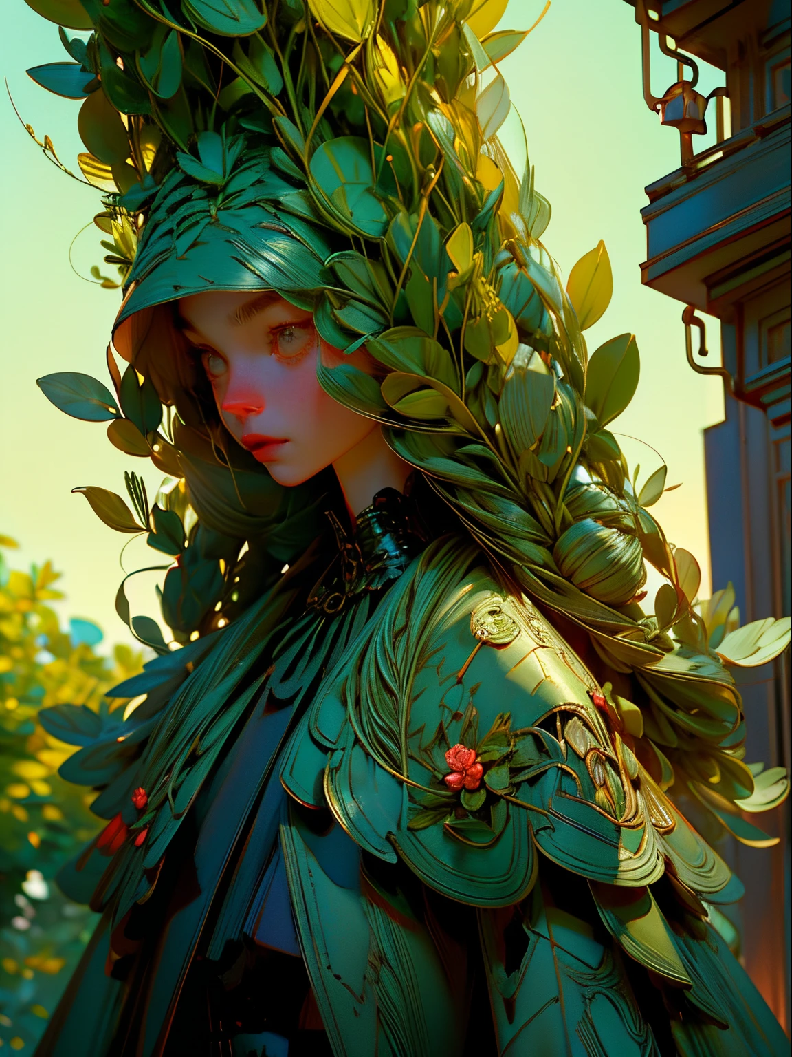 anthropomorphic (anthropoid) female plant walking down the street of a small town, anthropomorphic plant girl, beautiful green face woven from stems, thin green threads of hair are disheveled and on these threads there are predatory flowers, Fantastic, unreal, Fictional character, Cinematic Photo, anthropomorphic plant looks surprised