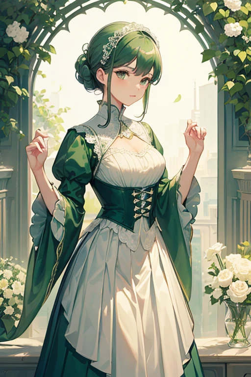 ((Quality work)), Lines are clear and concise, Green dresses and beautiful pleated lace complement each other, Enriches the layer of the big picture, Elegant Edwardian lace dresses and princess skirts、Adds a lot to the character, Gesture with the back of the hand behind , It also shows the gentle and elegant side of women..