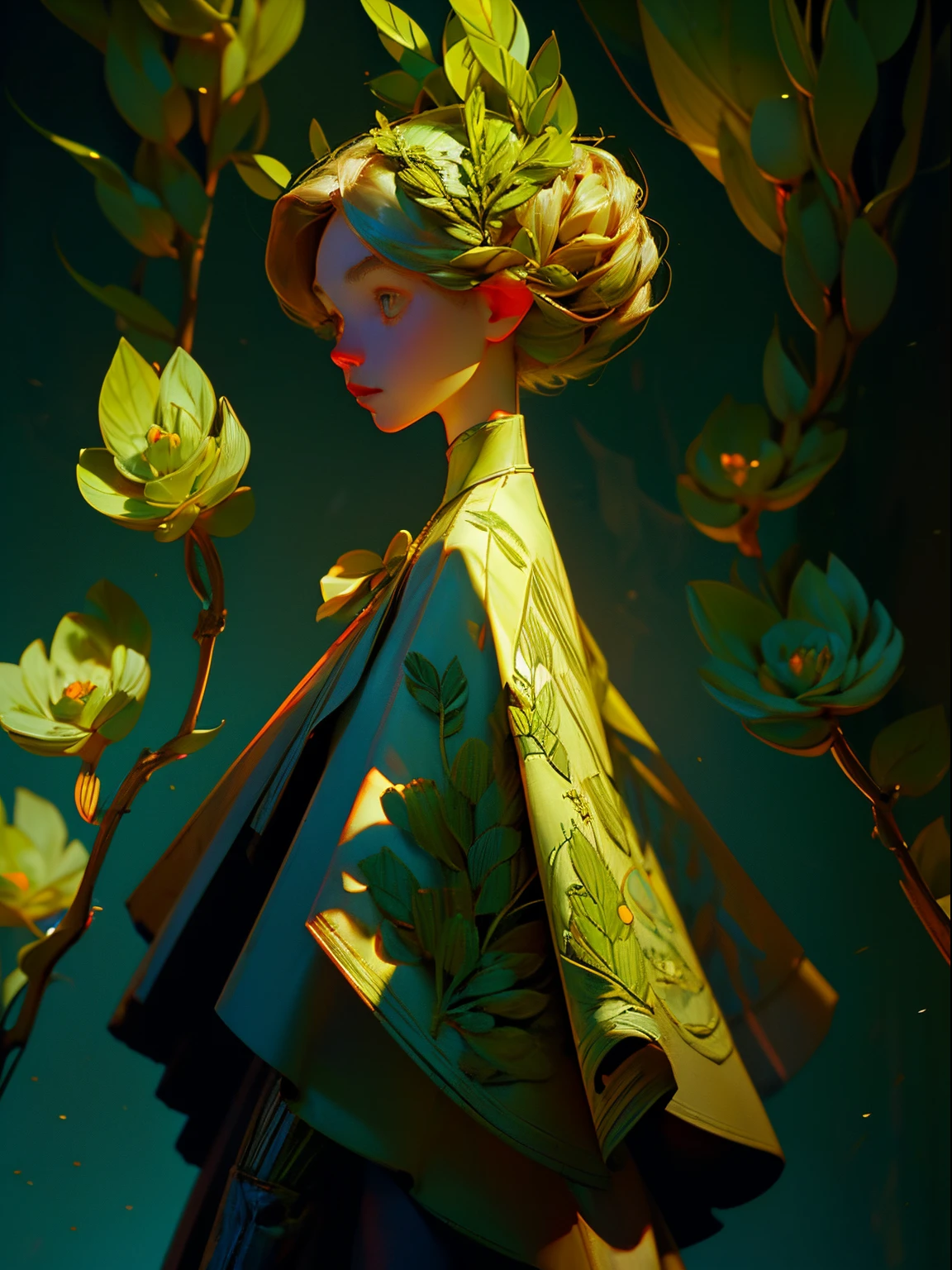 anthropomorphic (anthropoid) female plant walking down the street of a small town, anthropomorphic plant girl, beautiful green face woven from stems, thin green threads of hair are disheveled and on these threads there are predatory flowers, Fantastic, unreal, Fictional character, Cinematic Photo, anthropomorphic plant looks surprised