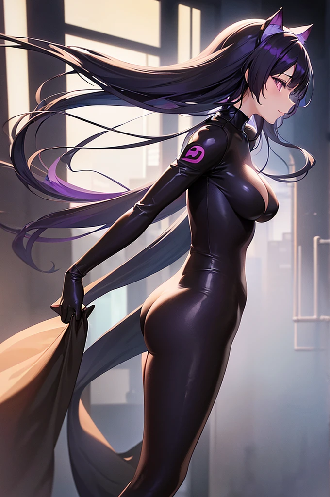 (masutepiece),(Best Quality),extremely delicate and beautiful,Illustration,((Perfect female figure)),a 20 yo woman,1 Rider Girl,i:P Masquerena, body suit,black very long hair,Twin-tailed, Purple eyes, Background of Cyberpunk City,Cat Ear Helmet,