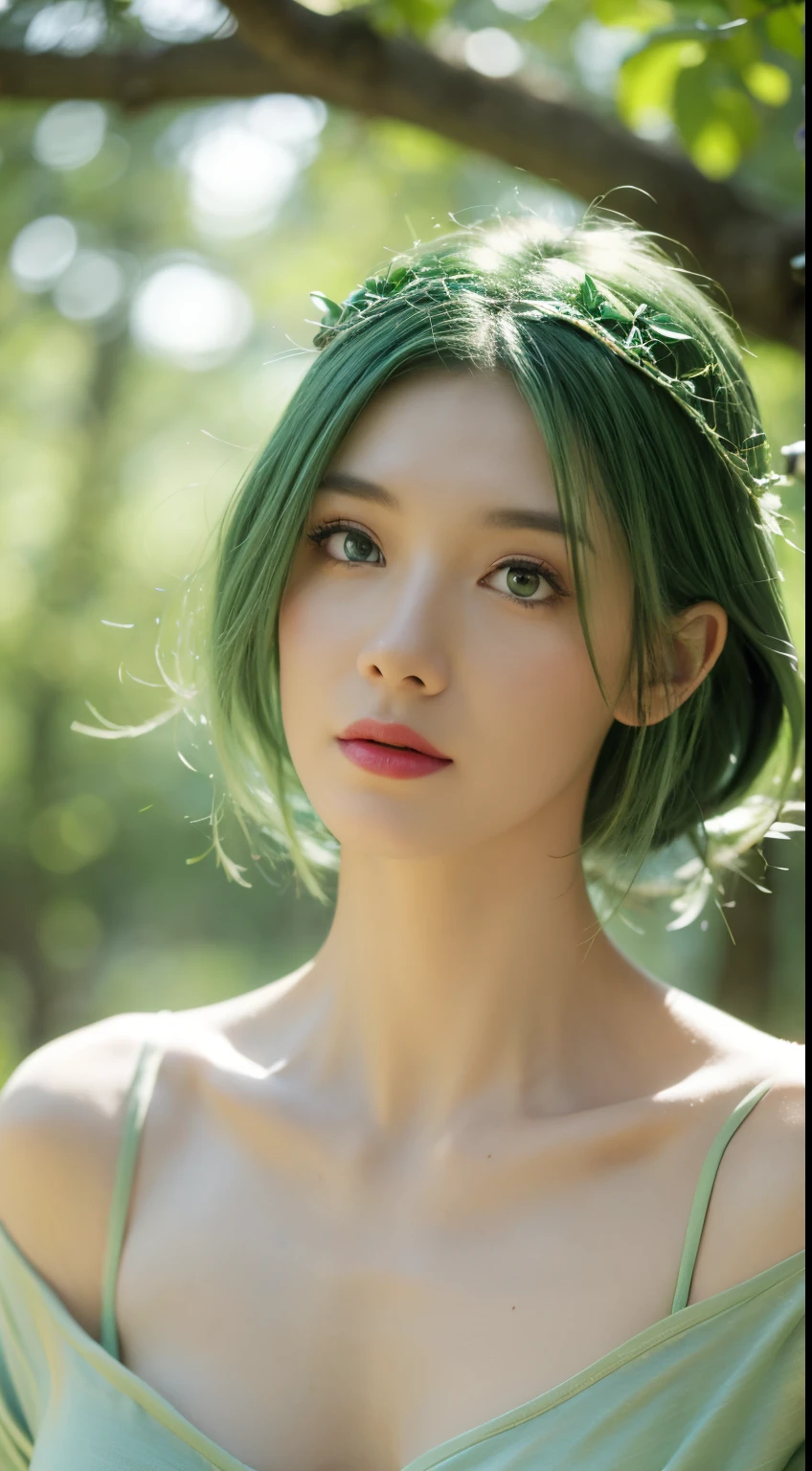 beautiful plant girl，Tree God，Green hair，There are branches and leaves on the head，Face clear and delicate，(closeup of face)，((Bust photo))，wearing leaf clothes，The background is forest，tmasterpiece，illustratio