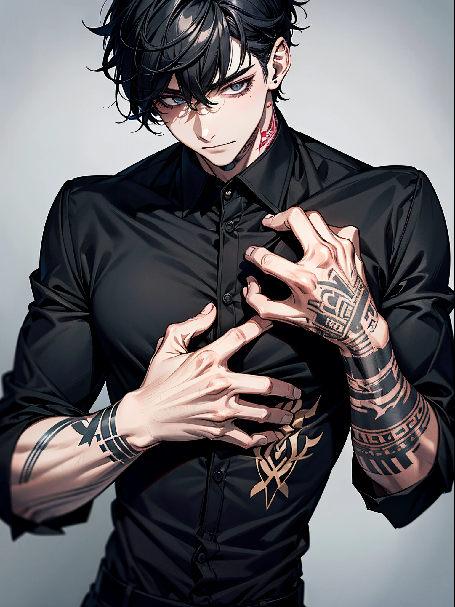 Masterpiece, best quality, high quality, ultra detailed, a man with a black collared shirt, alt_style, alternative culture, alternative style, tattoos:0.2,