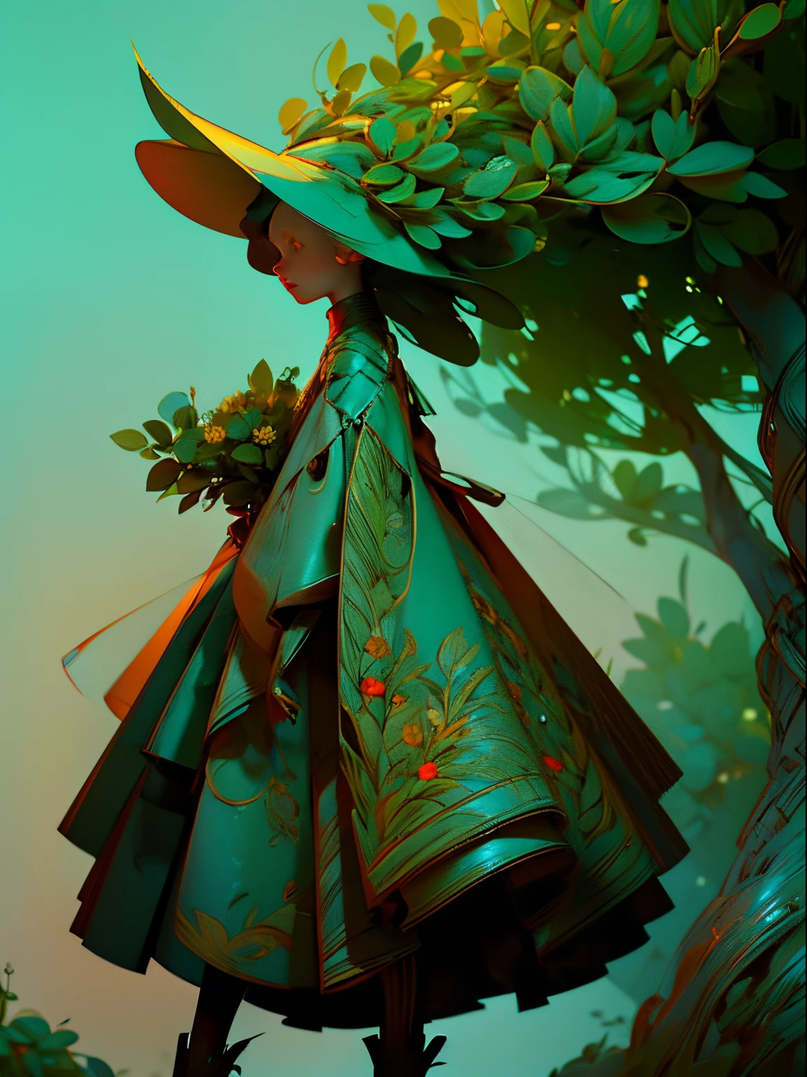 anthropomorphic (anthropoid) female plant walking down the street of a small town, anthropomorphic plant girl, beautiful green face woven from stems, thin green threads of hair are disheveled and on these threads there are predatory flowers, Fantastic, unreal, Fictional character, Cinematic Photo, anthropomorphic plant looks surprised
