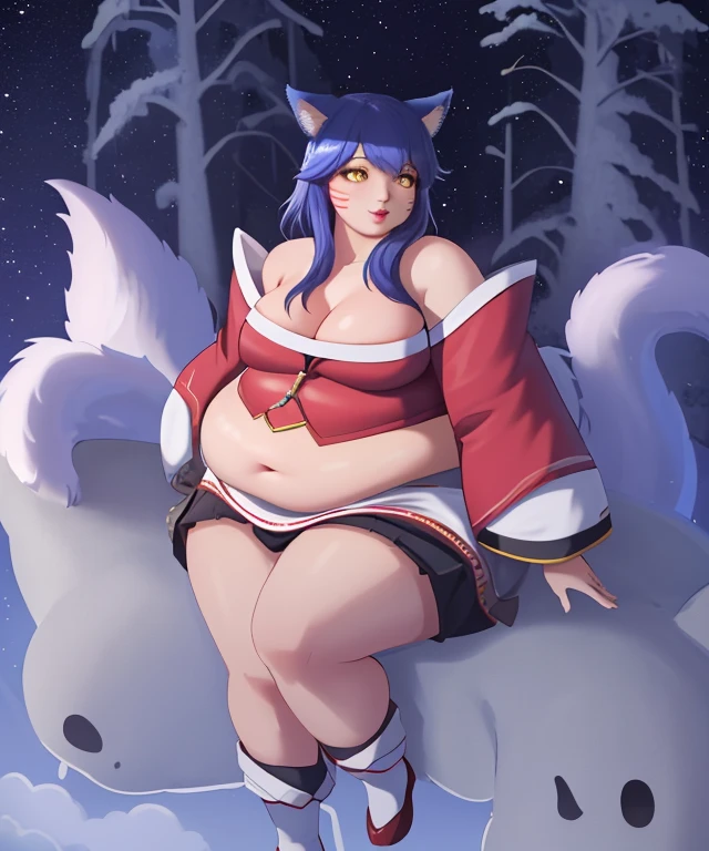 (4k, semi-realistic, absurdres, film grain, high quality:1.3), obese ahri, obese girl, fox ears, multiple tails, korean clothes, detached sleeves, (yellow eyes, whisker markings), beautiful, sitting, full body, cloudy sky, cleavage, high contrast, night