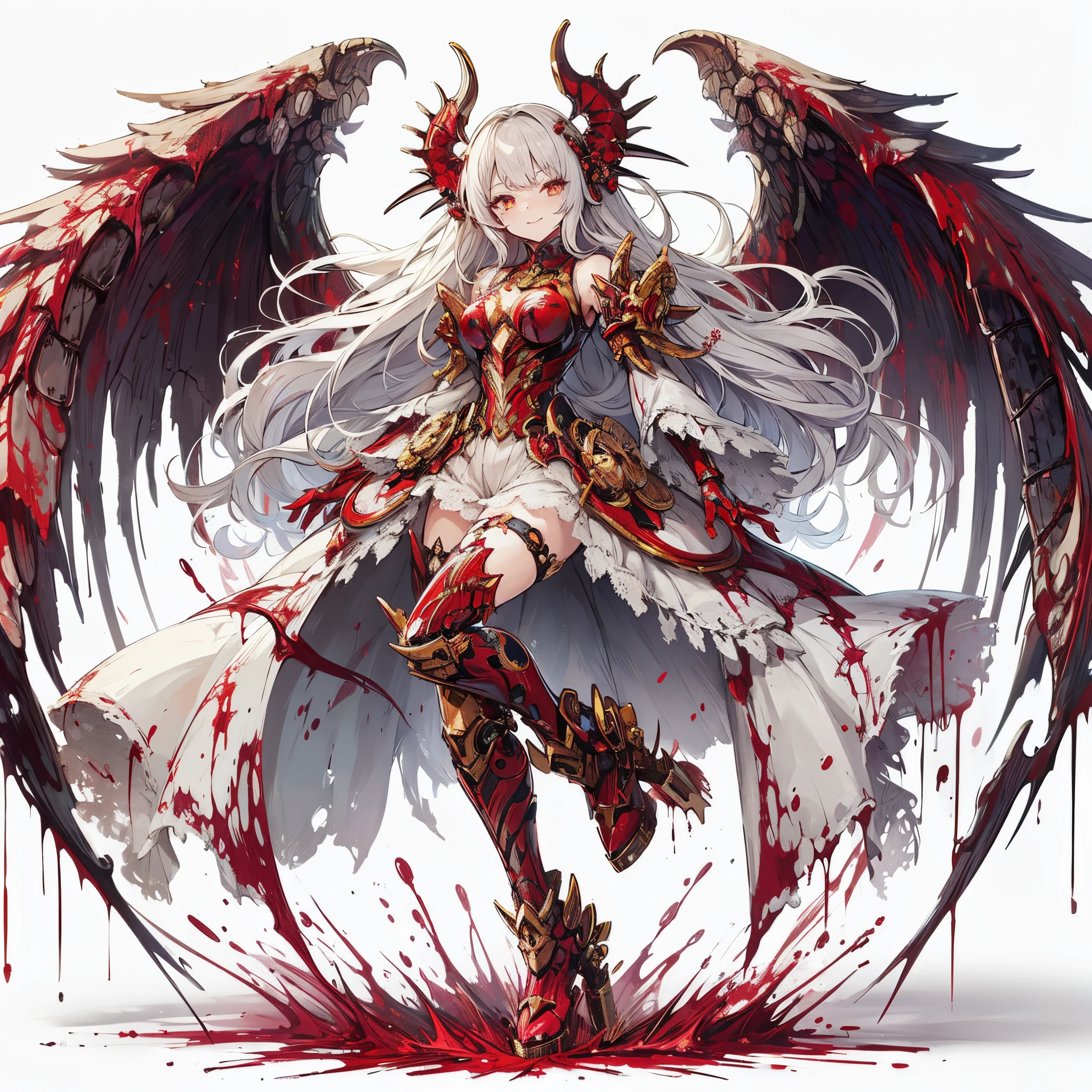 (masutepiece, Best Quality), Ultra-detailed, Anime style, devil girl full body, blood red power armor, sisters of war, warhammer 40k, White hair, Golden Eyes, and tears of blood, giant wing, cast blood magic, high heels boots, Digital Painting, 8K High Resolution, trend artstation, White background, Whole body, A triumphant smile