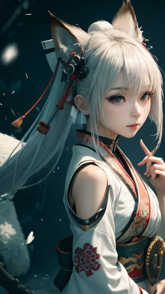 anime - style image of a short-white hair warrior woman, clothes only have white and black colour, samurai kimono, empty hand, white lotus, emotionless face, serial killer, a character portrait, fantasy art, character carrying a katana, background is a winter japan mountain shrine, cyberpunk shrine maiden with fox ears and fox tails, dark white and bold red color, natural lighting, robot fox companions, fighting pose,​masterpiece, 1 beautiful girl, Detailed eye, Swollen eyes, top-quality, A high resolution, an asian beauty, very extremely beautiful, Beautiful skins, A slender, Forward-facing body, (A hyper-realistic), (high resolution), (4K), (highly detailed),( Best Illustration), (beautifully detailed eyes), (ultra-detailed), 详细的脸, Bright lighting, Professional Lighting, distance view