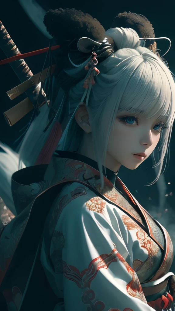 anime - style image of a short-white hair warrior woman, clothes only have white and black colour, samurai kimono, empty hand, white lotus, emotionless face, serial killer, a character portrait, fantasy art, character carrying a katana,  holding weapon, background is a winter japan mountain shrine, cyberpunk shrine maiden with fox ears and fox tails, dark white and bold red color, natural lighting, robot fox companions, fighting pose,​masterpiece, 1 beautiful girl, Detailed eye, Swollen eyes, top-quality, A high resolution, an asian beauty, very extremely beautiful, Beautiful skins, A slender, Forward-facing body, (A hyper-realistic), (high resolution), (4K), (highly detailed),( Best Illustration), (beautifully detailed eyes), (ultra-detailed), 详细的脸, Bright lighting, Professional Lighting, distance view