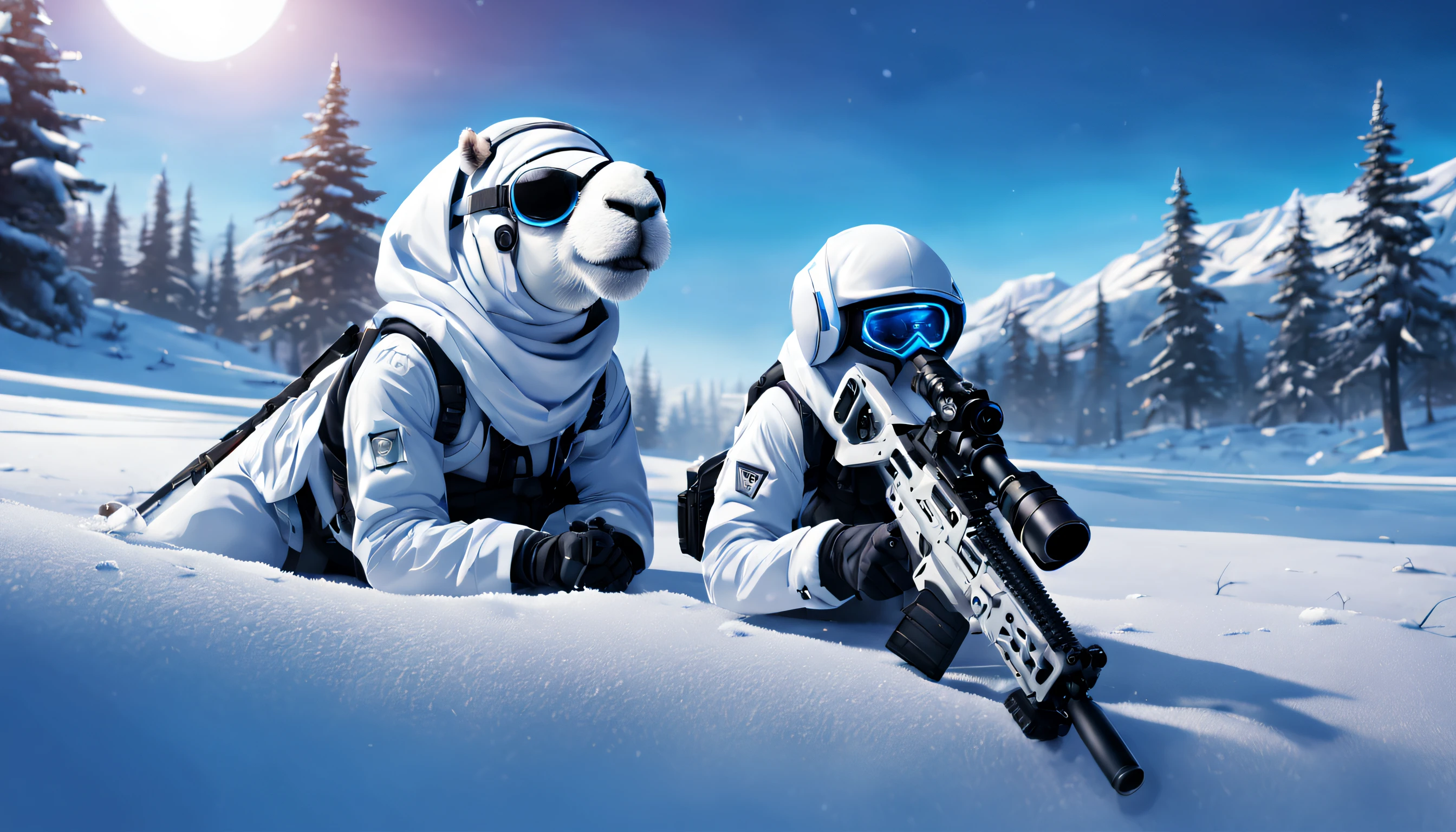 (pixar-style: 1.5),(anthropomorphic turtle:1.5),(fully body photo),cyber punk personage,middle,1 cute camel(Lie in one'side in the snow,Holding a high-tech sniper rifle to aim at the target,blanketed in a mantle of snow,White hood,masks,White camouflage uniform,Blue glowing goggles,masks,Short limbs,The arms are very developed),White future technology camouflage uniform,Oyuki,at a forest,snow field,Future technology sniper rifle,(globalillumination、ray traycing、HighDynamicRange、Unrealistic rendering、Rational design、tmasterpiece、Best quality、hyper HD、电影灯光)