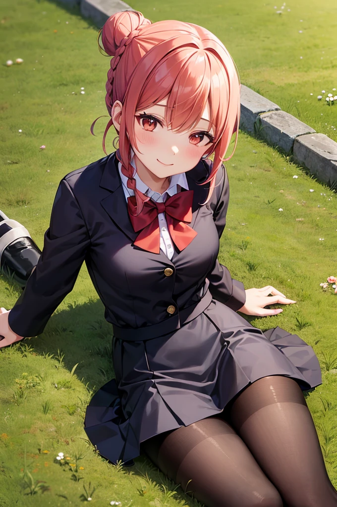 masutepiece, Best Quality, Femonica, Hair bun, braid, Red bow, Black jacket, Black skirt, Red pantyhose, Upper body, From above, laying on back, tussock, Looking at Viewer, Tired, Smile, garden