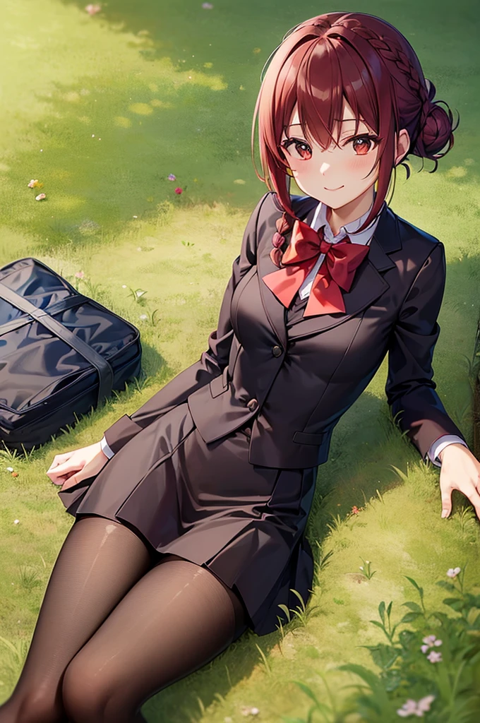 masutepiece, Best Quality, Femonica, Hair bun, braid, Red bow, Black jacket, Black skirt, Red pantyhose, Upper body, From  above, laying on back, tussock, Looking at Viewer, Tired, Smile, garden