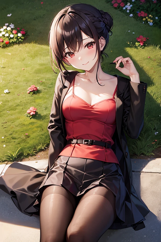 masutepiece, Best Quality, Femonica, Hair bun, braid, Red bow, Black jacket, Black skirt, Red pantyhose, Upper body, From above, laying on back, tussock, Looking at Viewer, Tired, Smile, garden