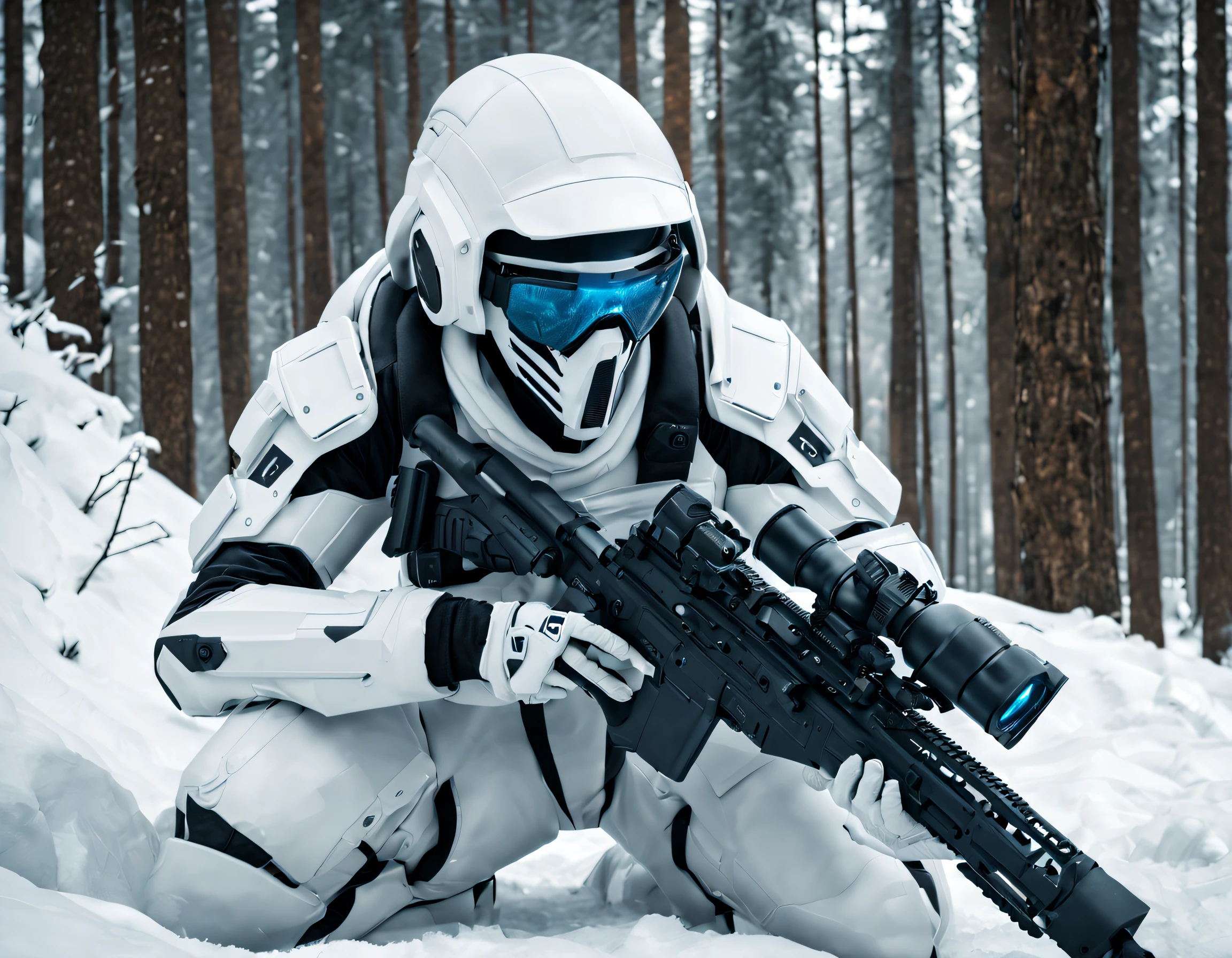 A futuristic sci-fi soldier wearing a white camouflage uniform lies on his side in the snow，Holding a high-tech sniper rifle to aim at the target，blanketed in a mantle of snow，White hood，masks，White future technology camouflage uniform，Oyuki，at a forest，snow field，Future technology sniper rifle, ultra real photo, Cyberpunk art of a, Ray traching , combats, a hologram , virtual reality , Artificial intelligence artwork ,Cinematic