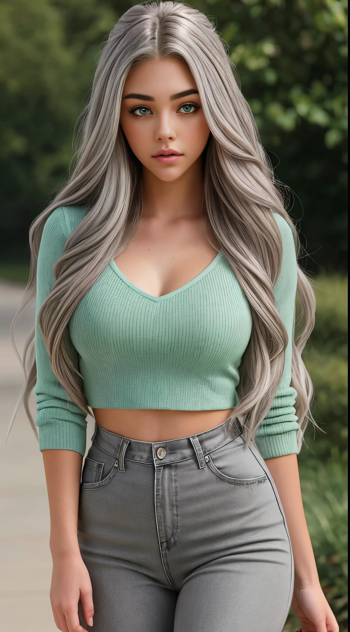 1 girl named Sarah with long blonde gray hair, dyed loose hair, Long hairstyle, perfect detailed face, Detailed symmetrical green eyes with a round iris, Beautiful, Walking and posing, Look at the observer, 19-year-old girl, looks like Madison Beer, extremely detailed face, Model, Realistic, Real life, perfect photorealistic picture, Realistic, Curvy Body, hourglass figure, Stunning realistic photography, Detailed fingers, detailed realistic face, Soft fingers, real human nails, Extremely attractive girl, perfect detailed tan, small eyes, perfectly detailed face with realistic complexion and finely porous skin, small nose, Model, Perfect posture, Natural limbs, long legs, detailed symmetrical eyeballs, symmetric eyes, Realistic eyeballs, Realistic detailed eyes, cute plump closed lips, makeup, no long neck, Perfect proportional body, seductive gaze, Looking in the direction of the viewer, Fascinating facial features, ah high, two arms, Two legs, one head, tiny breasts, realistic natural bodies, realistic shadows, Mystical epiphany, 8K, UHD, ((body facing the viewer, Pointing at the camera)), "wide-angle", Full-body shot, full pose, (photo studio white background), seduce a little, Cinematic world, Cover photo in the center of Hipereallistic, Stunning full-color, Cinematic, neoprene, behance contest winner, portraite of a, presented at UnsplasH, stylized digital art, Smooth, extra high resolution, Wearing an oversized white T-shirt and black Acronym J36-S sweatpants..... (T-shirt only white), black and white sneakers, instagram model, 80mm , Urban streetwear , Realistic,round ass,Real hands,Urban Technical Clothing