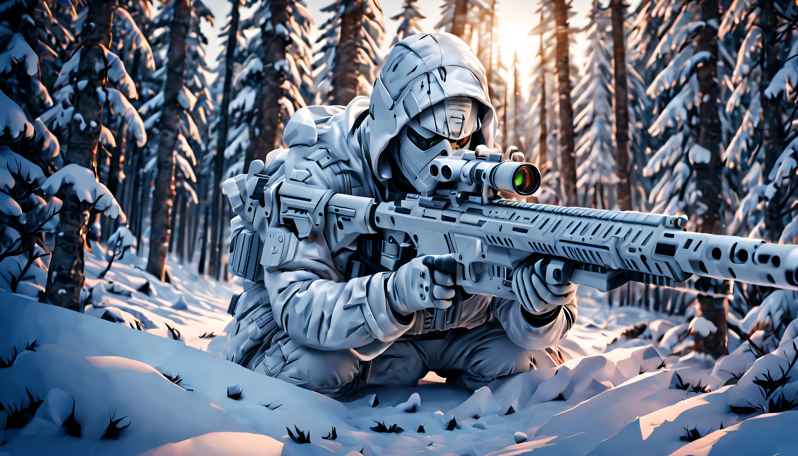 A soldier in white camouflage uniform crawls in the snow, Aiming at the target with a sniper rifle. His body is covered with snow, White hood, masks, White future technology camouflage uniform, Blizzard, ln the forest, yuki, Future technology sniper rifle