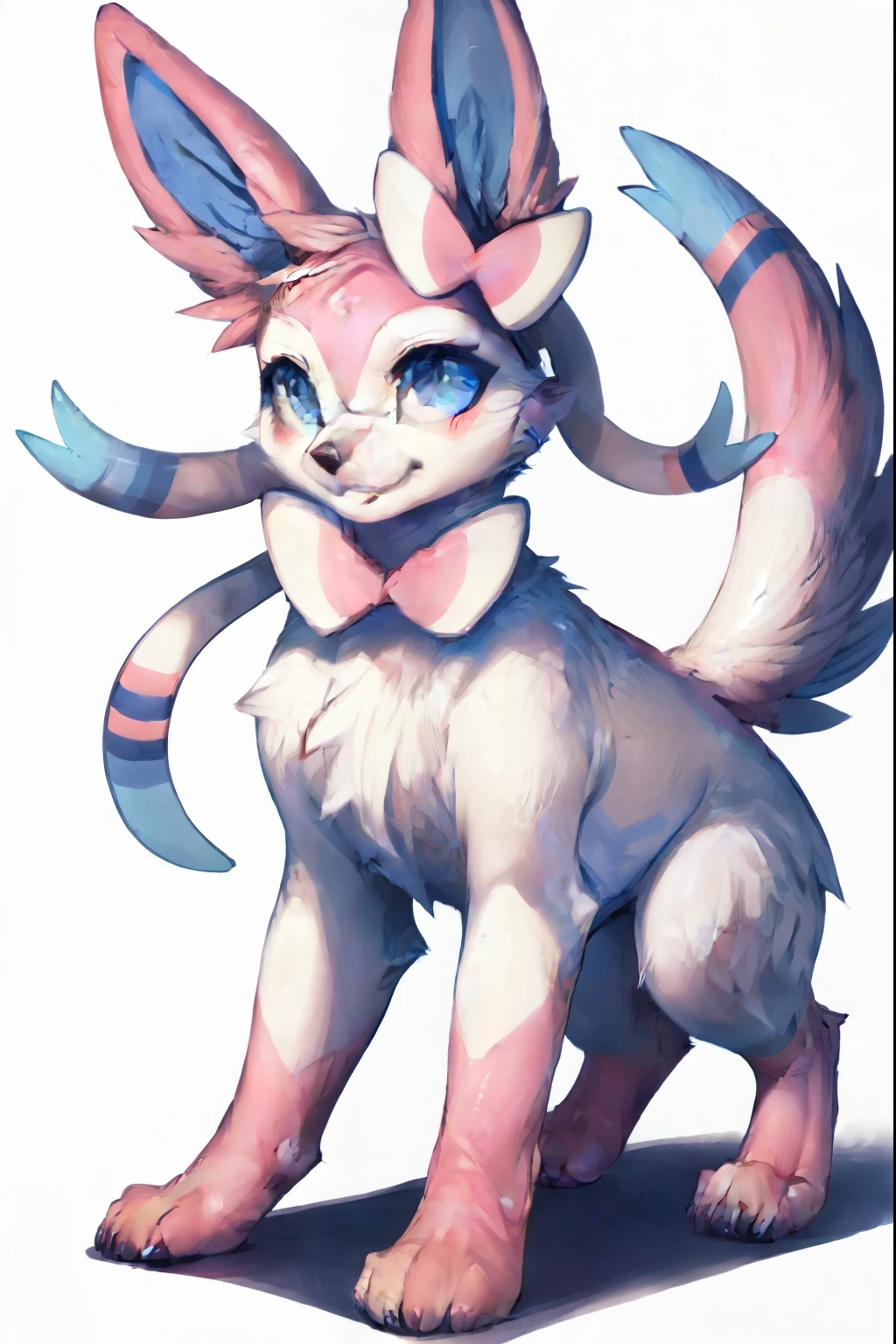 sfw,((clean background,white background:1.5)),((best quality, hi res, masterpiece)), absurd res, Highly detailed, 4k, [[by reysi, by hioshiru, by ingi]] by Faustsketcher, by Buta99, by Duskihorns, by Redishdragie, by Fumiko, by Makoto Shinkai, by Kaeritai07, by Harriet Backer, by Ferdinand Knab, by Reylia Slaby, by Silverfox5213, by Pino Daeni, by Ruan Jia, by Fumiko, by Levelviolet, by Supplesee,solo,(((quadruped,feral:1.5))),(full body:1.4),(cub,loli,petite:1.5),(1girl:1.4),(all fours:1.5),sylveon \(pokemon\), ((sylveon)), [[4 ribbons,furry,cat hands,cat feet,paw],