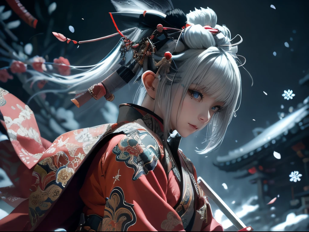 anime - style image of a short-white hair warrior woman, clothes only have white and black colour, samurai kimono, empty hand, white lotus, emotionless face, serial killer, a character portrait, fantasy art, character carrying a katana,  holding weapon, background is a winter japan mountain shrine, cyberpunk shrine maiden with fox ears and fox tails, dark white and bold red color, natural lighting, robot fox companions, fighting pose,​masterpiece, 1 beautiful girl, Detailed eye, Swollen eyes, top-quality, A high resolution, an asian beauty, very extremely beautiful, Beautiful skins, A slender, Forward-facing body, (A hyper-realistic), (high resolution), (4K), (highly detailed),( Best Illustration), (beautifully detailed eyes), (ultra-detailed), 详细的脸, Bright lighting, Professional Lighting, distance view