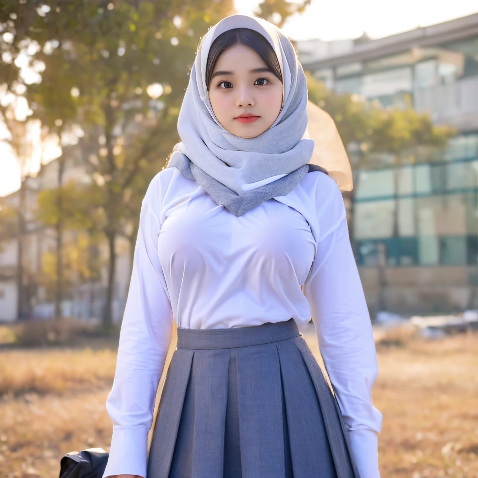 beautiful woman, (white hijab), young, seragamsmahijab, school, waist up shot, realistic, photorealistic, photo-realistic:1.37, (best quality,8k,highres,masterpiece:1.2),ultra-detailed,HDR,UHD,studio lighting,extreme detail description,professional,vivid colors,bokeh,portraits