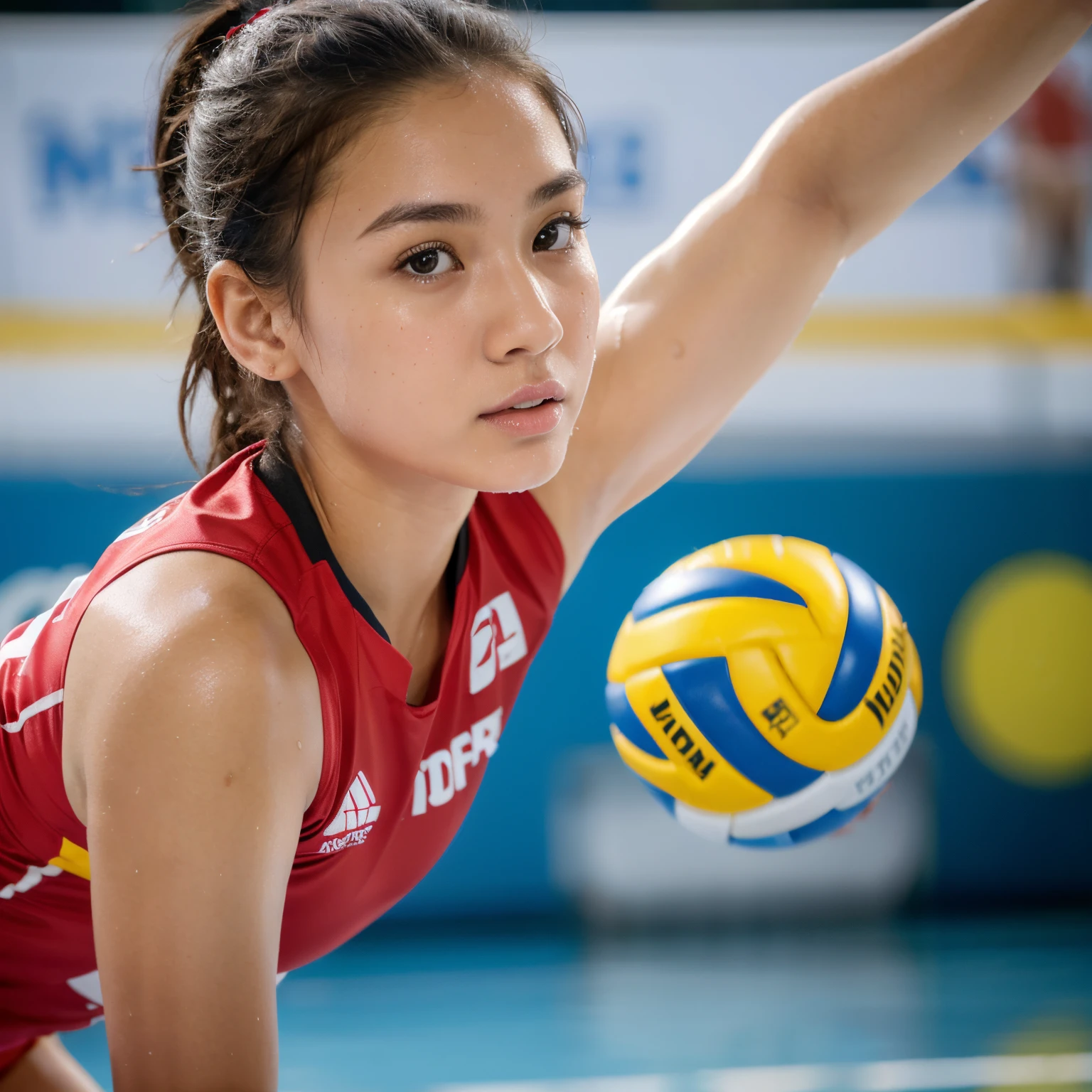 (Best Quality,8K,hight resolution,masuter piece:1.2),Ultra-detailed,Realistic:1.37,Portrait,Dynamic Angle,(Female volleyball players) ,age girl,small head,Cute,Sporty,Charming face,Detailed beauty face,Indonesian face,Very realistic skin,Wet skin,Sweat,Large breasts,nice legs ,Sporty,Volleyball Competition Venue,Cinematic lighting,