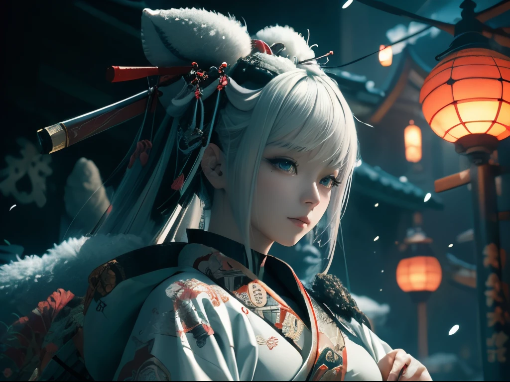 anime - style image of a short-white hair warrior woman, clothes only have white and black colour, samurai kimono, empty hand, white lotus, emotionless face, serial killer, a character portrait, fantasy art, character carrying a katana,  holding weapon, background is a winter japan mountain shrine, cyberpunk shrine maiden with fox ears and fox tails, dark white and bold red color, natural lighting, robot fox companions, ​masterpiece, 1 beautiful girl, Detailed eye, Swollen eyes, top-quality, A high resolution, an asian beauty, very extremely beautiful, Beautiful skins, A slender, Forward-facing body, (A hyper-realistic), (high resolution), (4K), (highly detailed),( Best Illustration), (beautifully detailed eyes), (ultra-detailed), 详细的脸, Bright lighting, Professional Lighting, distance view