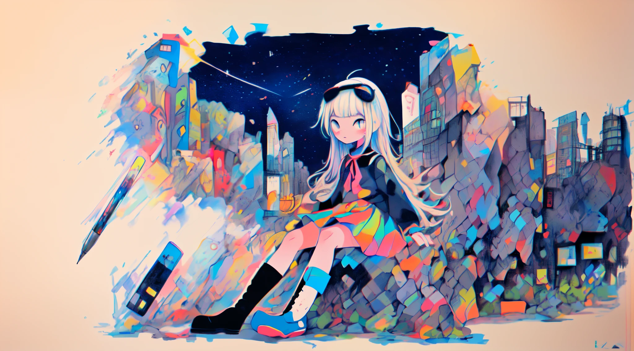 In this high-angle wide shot taken with an all-glass lens, a little girl with a radio bulb on her head is looking at us in an abandoned city at night in a futuristic setting. Her head is a radio valve. Gothic Lolita and boots. Clear, colorful, crisp illustrations painted in delicate watercolors with the subtle touch of a drawing pen.