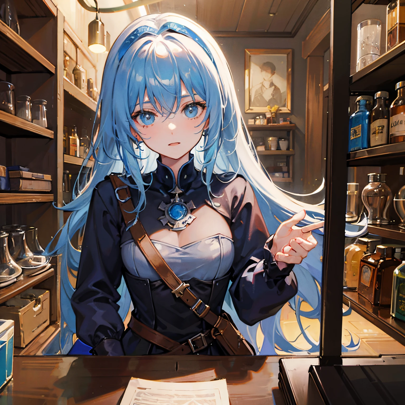 Medieval but futuristic shopkeep, pov, portrait, close up, male