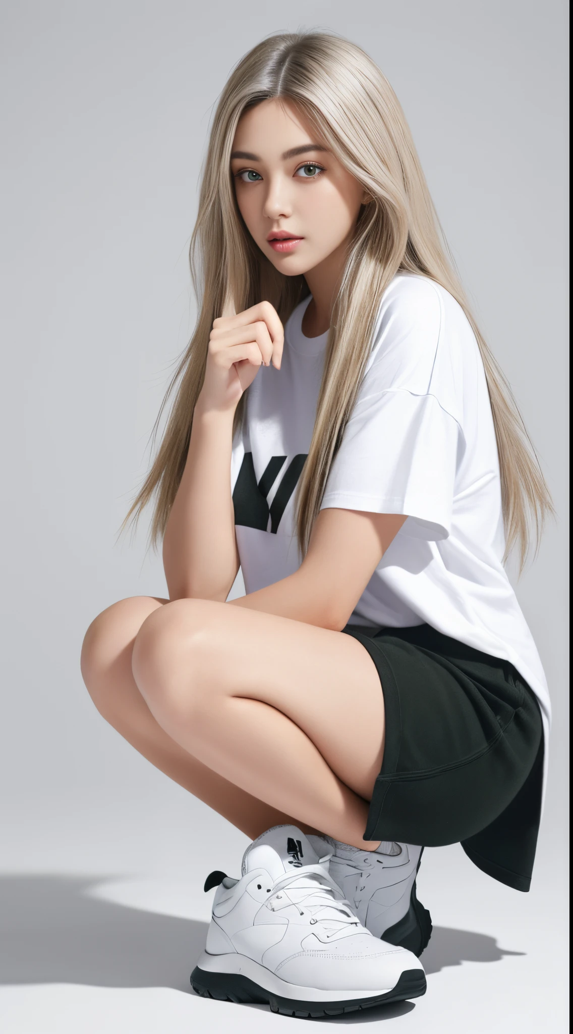 1 girl named Sarah with long blonde gray hair, dyed loose hair, Long hairstyle, perfect detailed face, Detailed symmetrical green eyes with a round iris, Beautiful, Walking and posing, look at the observer, 19-year-old girl, looks like Madison Beer, extremely detailed face, Model, Realistic, Real life, perfect photorealistic picture, Realistic, Curvy Body, hourglass figure, Stunning realistic photography, Detailed fingers, detailed realistic face, Cuddly fingers, real human nails, Extremely attractive girl, perfect detailed tan, small eyes, perfectly detailed face with realistic complexion and fine-pore skin, small nose, Model, Perfect posture, Natural limbs, long legs, detailed symmetrical eyeballs, symmetric eyes, Realistic eyeballs, Realistic detailed eyes, cute plump closed lips, makeup, no long neck, Perfect proportional body, seductive gaze, Looking in the direction of the viewer, Fascinating facial features, ah high, two arms, Two legs, one head, tiny breasts, realistic natural bodies, realistic shadows, Mystical Illumination, 8K, UHD, ((body facing the viewer, pointing to the camera)), "wide-angle", Full-body shot, full pose, (photo studio white background), seduce a little, Cinematic world, Cover photo centered Hipereallistic, Stunning full-color, Cinematic, neoprene, behance contest winner, portraite of a, presented at UnsplasH, stylized digital art, Smooth, extra high resolution, Wearing an oversized white T-shirt and black Acronym J36-S sweatpants. (T-shirt only white), black and white sneakers, instagram model, 80mm , Urban streetwear , Realistic,round ass,Real hands,Urban Technical Clothing