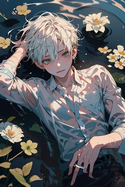 1boy, Man's,ophelia、 Wet clear skin、Look at me and smile, Reach here、splash water、light glow、firefly、steam、ager, A young man, Physically Based Rendering, Professional Lighting, Extreme Detail, White shirt, bouquet, Cross earrings, Lying on the water, High brightness, Refreshing, Soft light, ((Single))), (Solo), Lying down, Wet, Transparent shirt、Take a firm stance、Floating on water、lying in the water