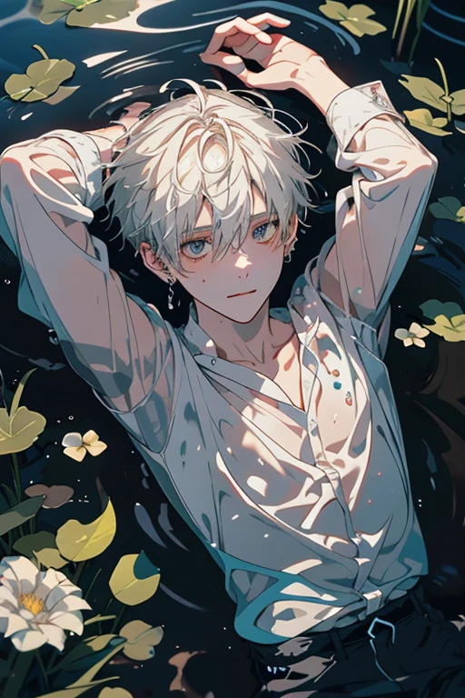 White-haired, boy, holding a rose in his hand and sinking to the bottom of the sea, the petals of the rose floating --auto