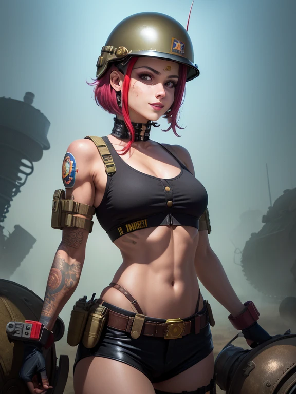 ((( corpo inteiro ))), ((( Military helmet on head ))), roupa cheia de buttons, master part, best quality, super detalhe, 8k, mulher linda, Tank Girl com cara de maluca, sorriso malicioso , cabelo moicano colorido, garota punk, post-apocalyptic world, (( do tanque )), Nijistyle, roupas rasgadas e sujas, moicano curto, sides of shaved head, rosto limpo