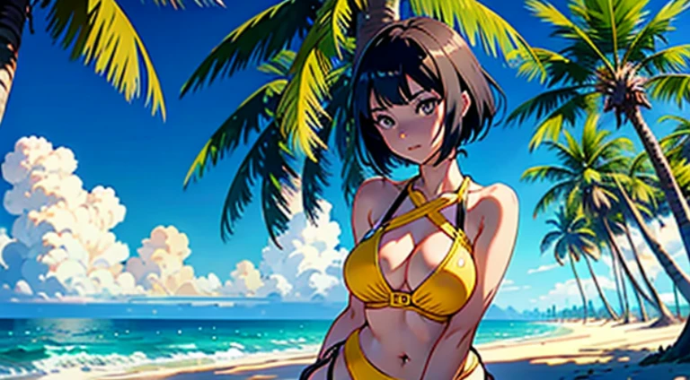 Anime girl in a yellow bikini on the beach with palm trees in the background, Swimsuit, in yellow bikini, realistic bikini, ilya kuvshinov landscape, Ilya Kuvshinov. 4 k, faye valentine, [ 4 k digital art ]!!, in beach, Very detailed ArtGerm, in beach, in beach, By Shinkai Makoto ( Apex Legends )