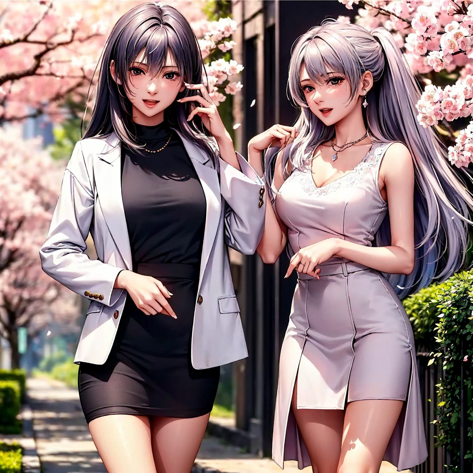 (top quality picture、masterpiece level、very high res、An ultra-high picture quality、High quality pixels)、(1girl in,She is a very beautiful woman、and she is 20 years old、1 person、Single、Beautiful beauties,Beautiful face written in detail,Beautiful body,Strong-willed eyes,beautidful eyes,Beautiful hair,Beautiful skin texture,Beautiful hair quality)、(Slender body and beautiful breasts)、(Lovely smile,Open mouth)、(wearing sweater,1 diamond necklace,wearing miniskirt,Wearing clothes that expose the shoulders,Beautiful legs are visible,adult lady),(A path lined with flourishing cherry blossom trees,The wind is blowing,Styling hair by hand,wind influenced hair),(Beautiful Art Style,an animated character、The whole picture、Detailed picture、accurate anatomy、Defect-free images、extremely detailed picture、Accurate images、image perfect)、(Best Shot Photo 1.2)