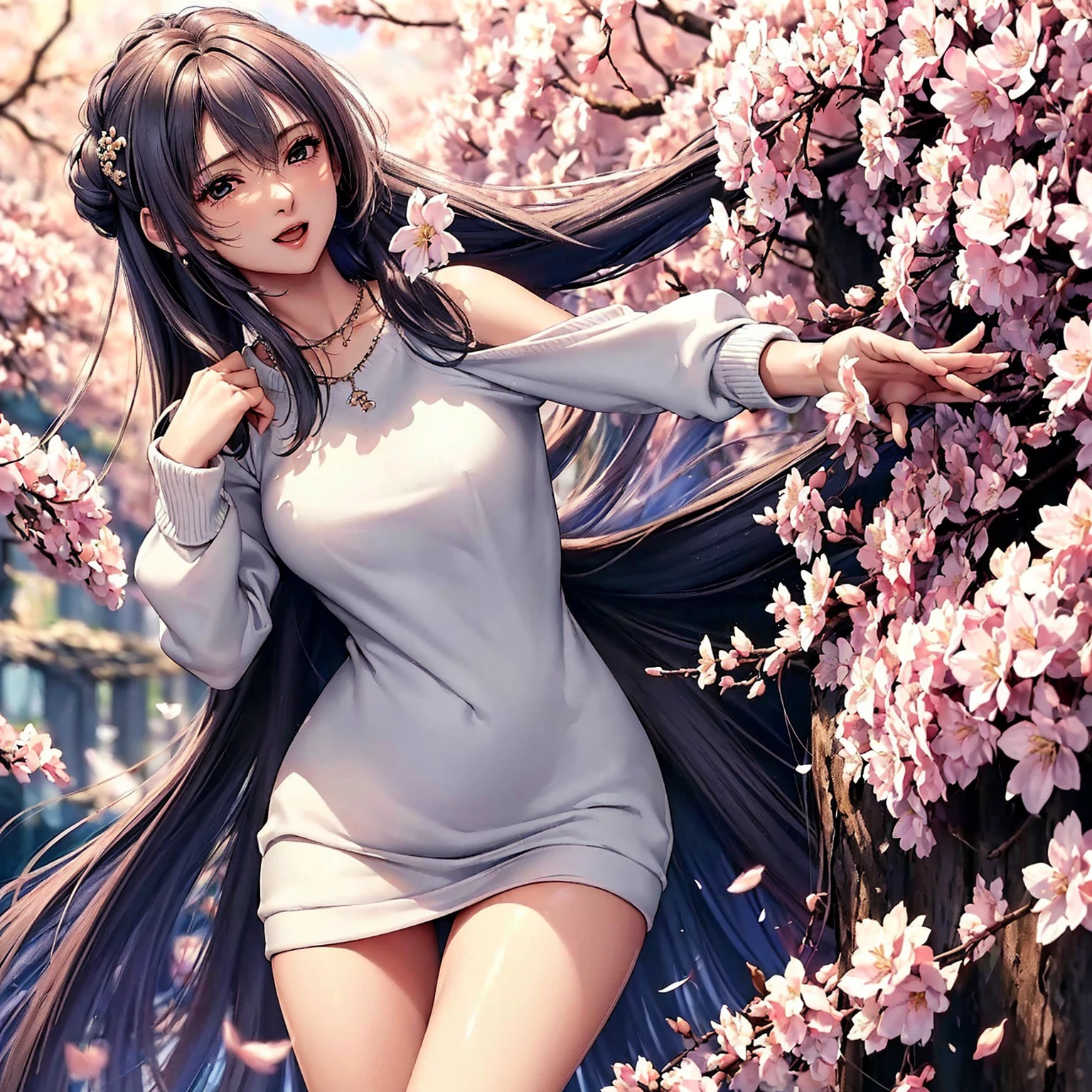 (top quality picture、masterpiece level、very high res、An ultra-high picture quality、High quality pixels)、(1girl in,She is a very beautiful woman、and she is 20 years old、1 person、Single、Beautiful beauties,Beautiful face written in detail,Beautiful body,Strong-willed eyes,beautidful eyes,Beautiful hair,Beautiful skin texture,Beautiful hair quality)、(Slender body and beautiful breasts)、(Lovely smile,Open mouth)、(wearing sweater,1 diamond necklace,wearing miniskirt,Wearing clothes that expose the shoulders,Beautiful legs are visible,adult lady),(A path lined with flourishing cherry blossom trees,The wind is blowing,Styling hair by hand,wind influenced hair),(Beautiful Art Style,an animated character、The whole picture、Detailed picture、accurate anatomy、Defect-free images、extremely detailed picture、Accurate images、image perfect)、(Best Shot Photo 1.2)