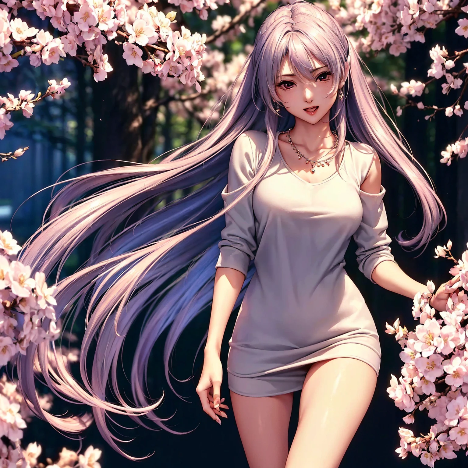 (top quality picture、masterpiece level、very high res、An ultra-high picture quality、High quality pixels)、(1girl in,She is a very beautiful woman、and she is 20 years old、1 person、Single、Beautiful beauties,Beautiful face written in detail,Beautiful body,Strong-willed eyes,beautidful eyes,Beautiful hair,Beautiful skin texture,Beautiful hair quality)、(Slender body and beautiful breasts)、(Lovely smile,Open mouth)、(wearing sweater,1 diamond necklace,wearing miniskirt,Wearing clothes that expose the shoulders,Beautiful legs are visible,adult lady),(A path lined with flourishing cherry blossom trees,The wind is blowing,Styling hair by hand,wind influenced hair),(Beautiful Art Style,an animated character、The whole picture、Detailed picture、accurate anatomy、Defect-free images、extremely detailed picture、Accurate images、image perfect)、(Best Shot Photo 1.2)