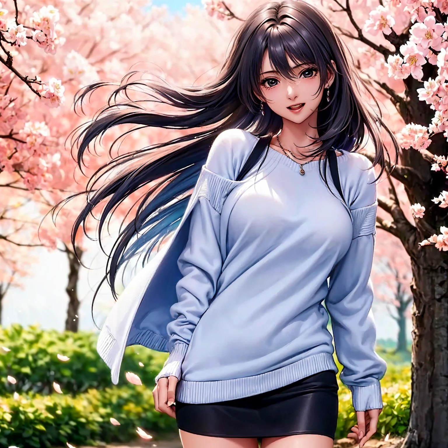 (top quality picture、masterpiece level、very high res、An ultra-high picture quality、High quality pixels)、(1girl in,She is a very beautiful woman、and she is 20 years old、1 person、Single、Beautiful beauties,Beautiful face written in detail,Beautiful body,Strong-willed eyes,beautidful eyes,Beautiful hair,Beautiful skin texture,Beautiful hair quality)、(Slender body and beautiful breasts)、(Lovely smile,Open mouth)、(wearing sweater,1 diamond necklace,wearing miniskirt,Wearing clothes that expose the shoulders,Beautiful legs are visible,adult lady),(A path lined with flourishing cherry blossom trees,The wind is blowing,Styling hair by hand,wind influenced hair),(Beautiful Art Style,an animated character、The whole picture、Detailed picture、accurate anatomy、Defect-free images、extremely detailed picture、Accurate images、image perfect)、(Best Shot Photo 1.2)
