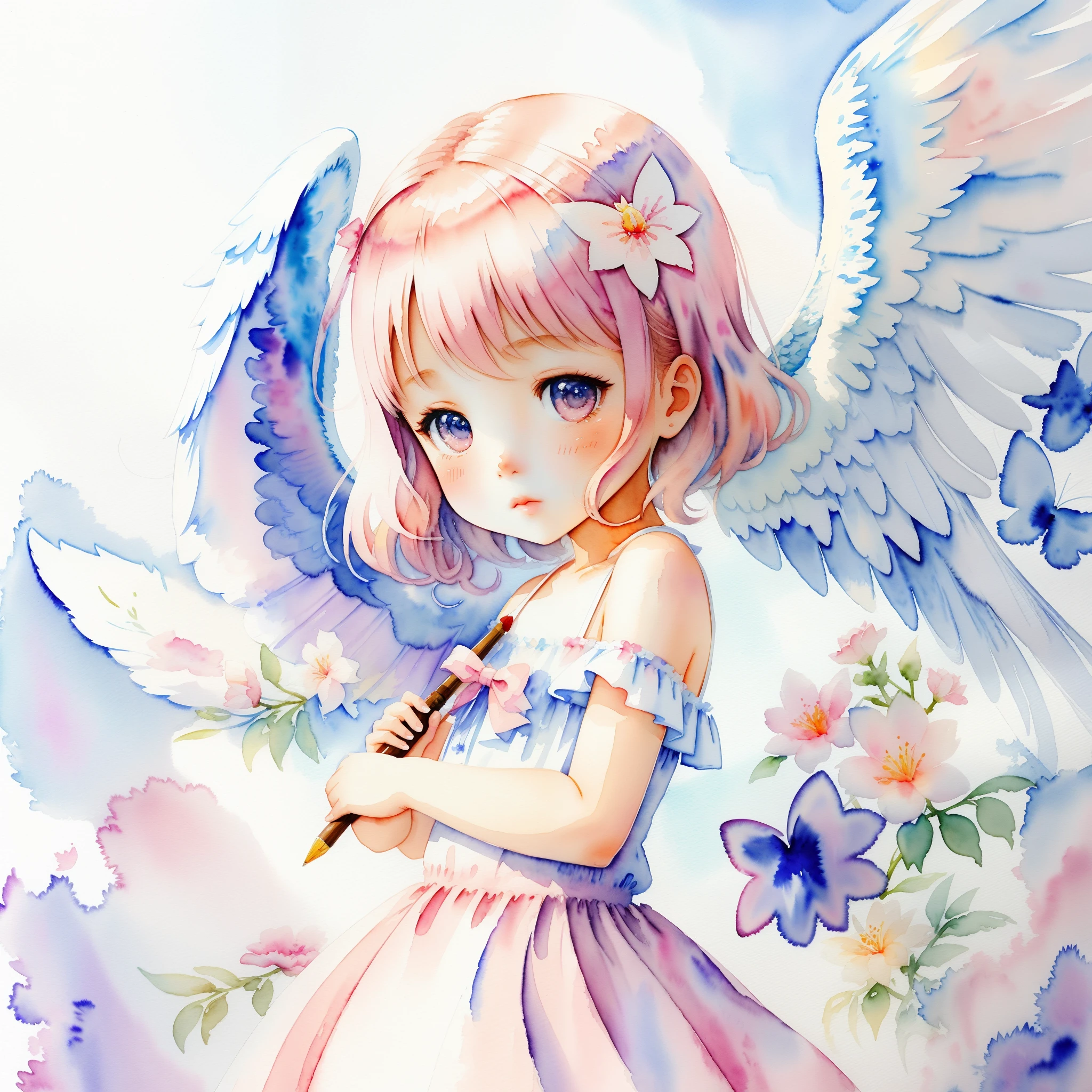 illustratio、watercolor paiting、 Fantasia、 Angel Girl、cute little、Deformed、portraitures、Please refer to this picture